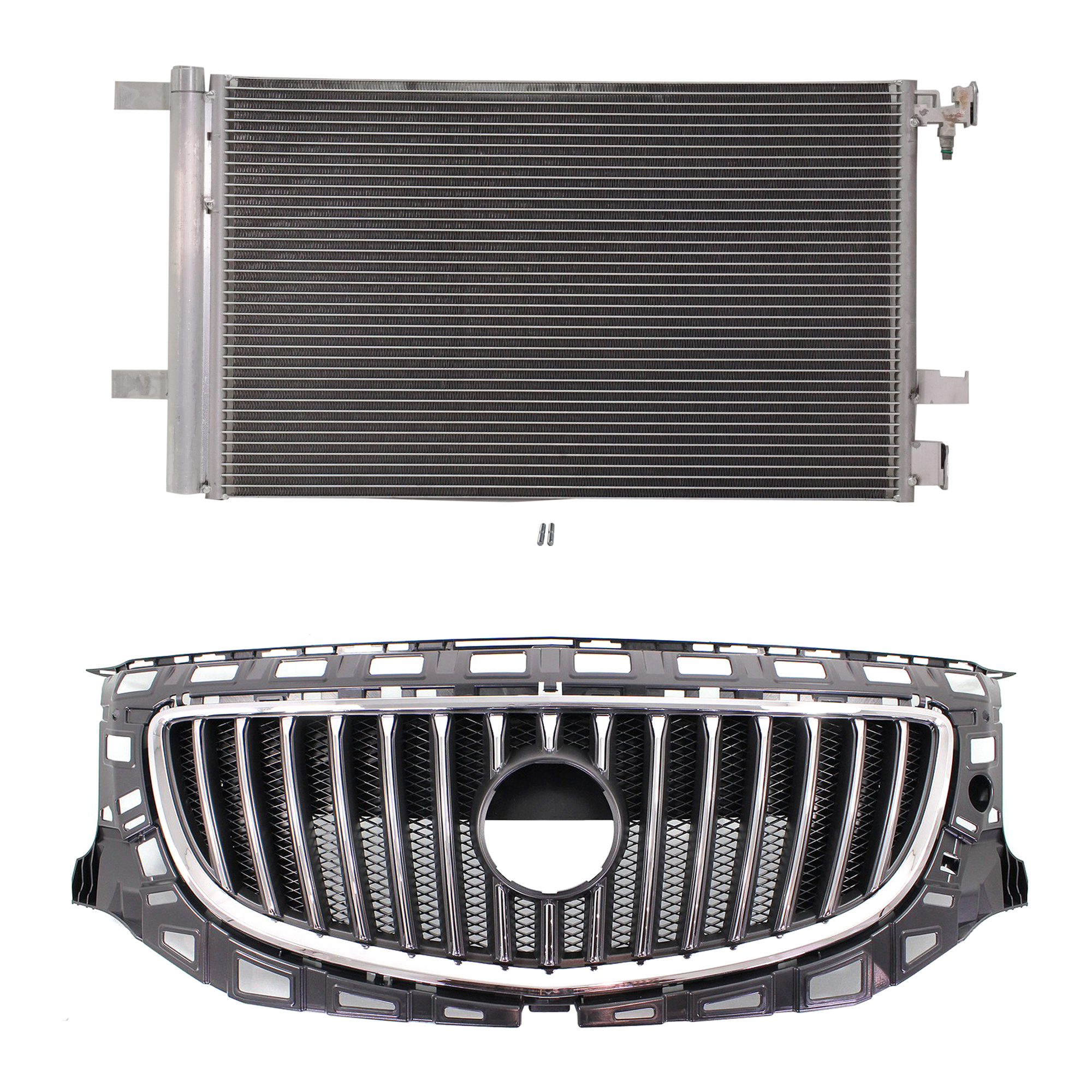 AM REGAL 11-13 GRILLE 2 pc kit Chrome Shell Painted Black Insert Plastic with A C Condenser SKU KIT 111823-14 Partslink GM1200653 GM3030285 OEM 20977844-22880027-23305638