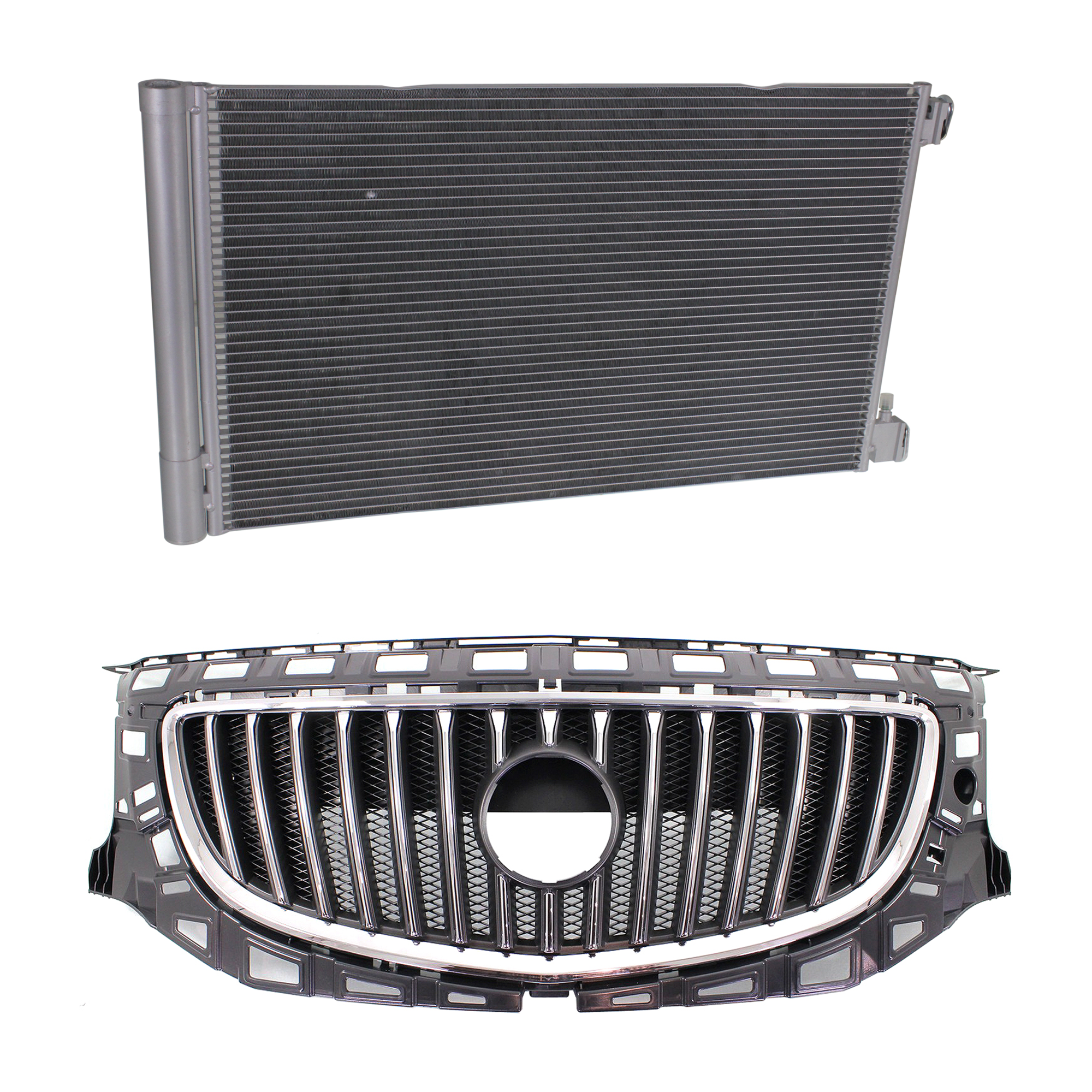 AM REGAL 11-11 GRILLE 2 pc kit Chrome Shell Painted Black Insert Plastic with A C Condenser SKU KIT 111823-17 Partslink GM1200653 GM3030293 OEM 20977844-22880027-39001265