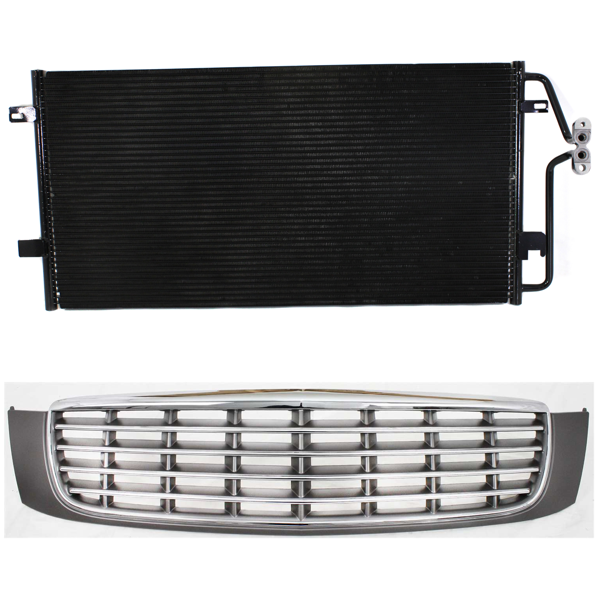 AM DEVILLE 00-05 GRILLE 2 pc kit Chrome Shell Painted Gray Insert Plastic with A C Condenser SKU KIT 111823-33 Partslink GM1200502 GM3030124 OEM 89025060-89019239
