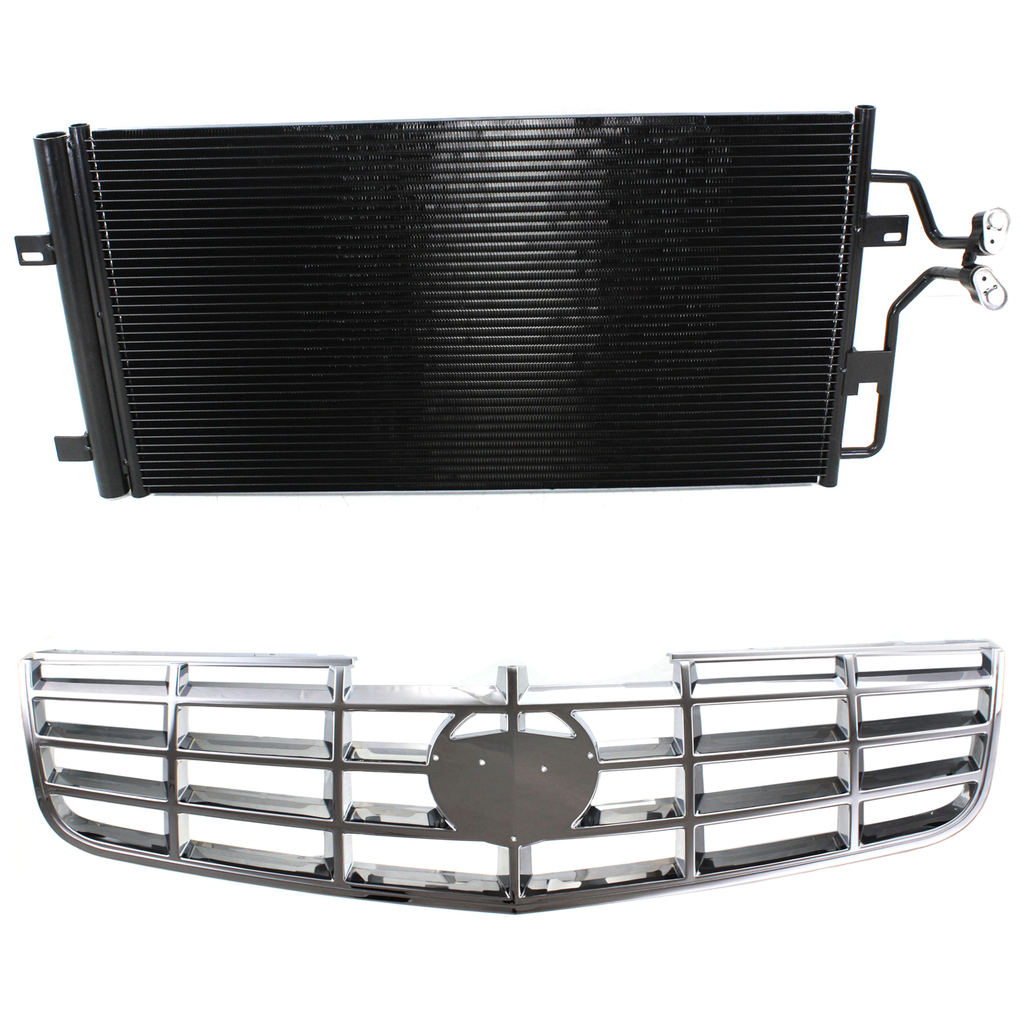 AM DTS 06-11 GRILLE 2 pc kit Chrome Shell and Insert Plastic with A C Condenser SKU KIT 111823-35 Partslink GM1200594 GM3030270 OEM 25764213-25769583