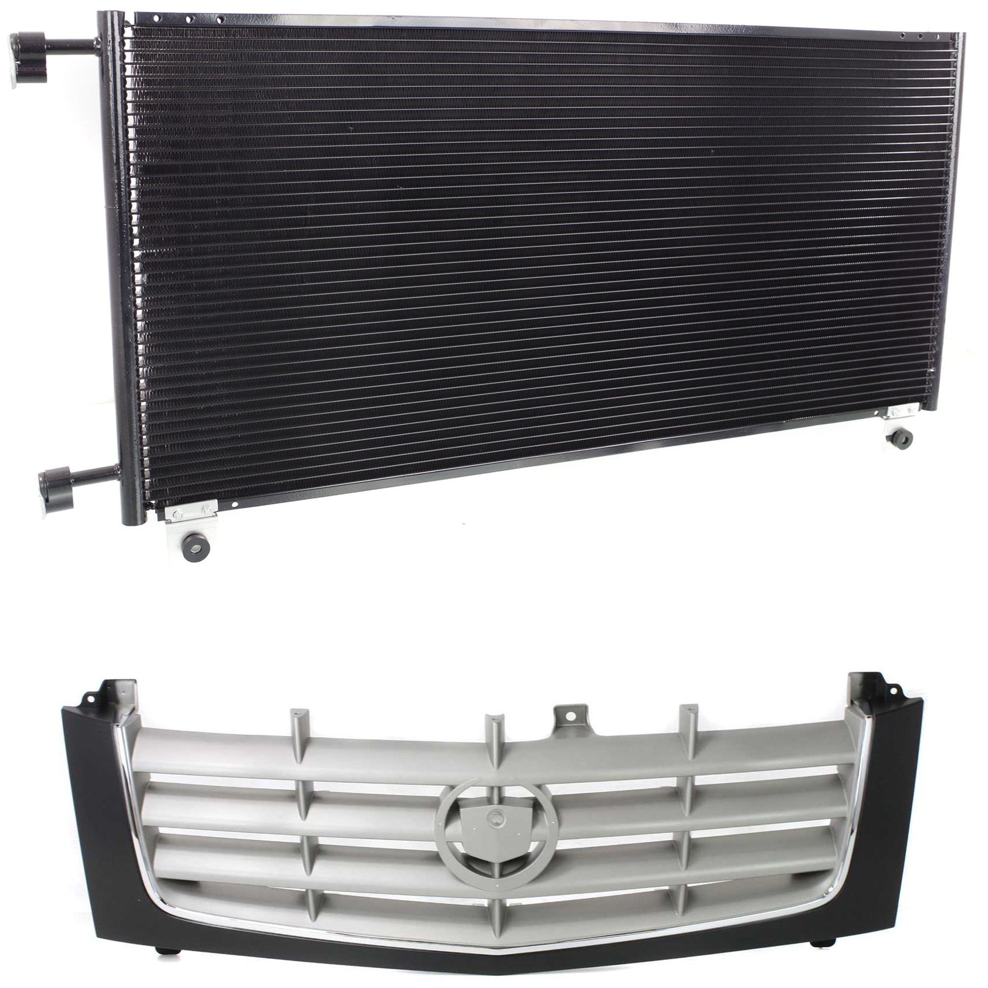 AM ESCALADE 02-06 ESCALADE ESV 03-06 GRILLE 2 pc kit Paintable Shell and Insert Cross Bar Insert with Chrome Insert Opening Molding Plastic with A C Condenser SKU KIT 111823-38 Partslink GM1200509 GM3030161 OEM 15162129-20913752