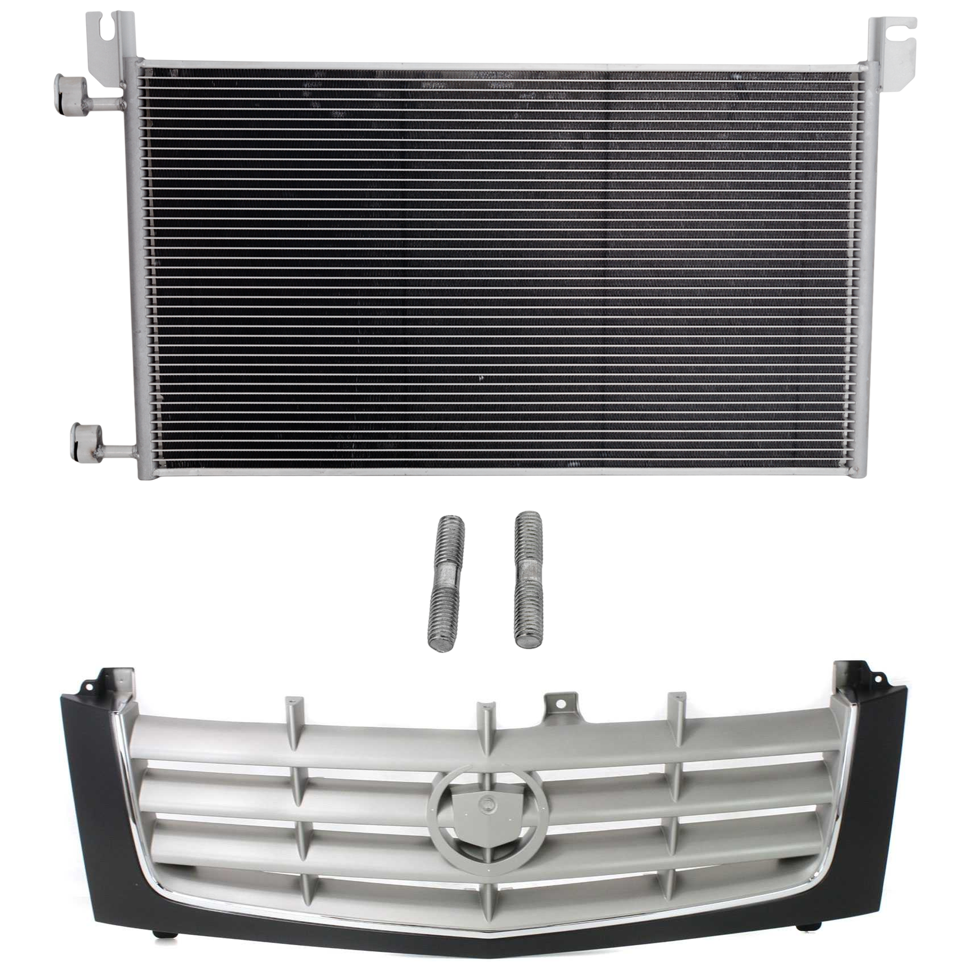 AM ESCALADE ESCALADE EXT 02-06 ESCALADE ESV 03-06 GRILLE 2 pc kit Paintable Shell and Insert with Chrome Insert Opening Molding Cross Bar Insert Plastic with A C Condenser SKU KIT 111823-41 Partslink GM1200509 GM3030162 OEM 15162129-20913751