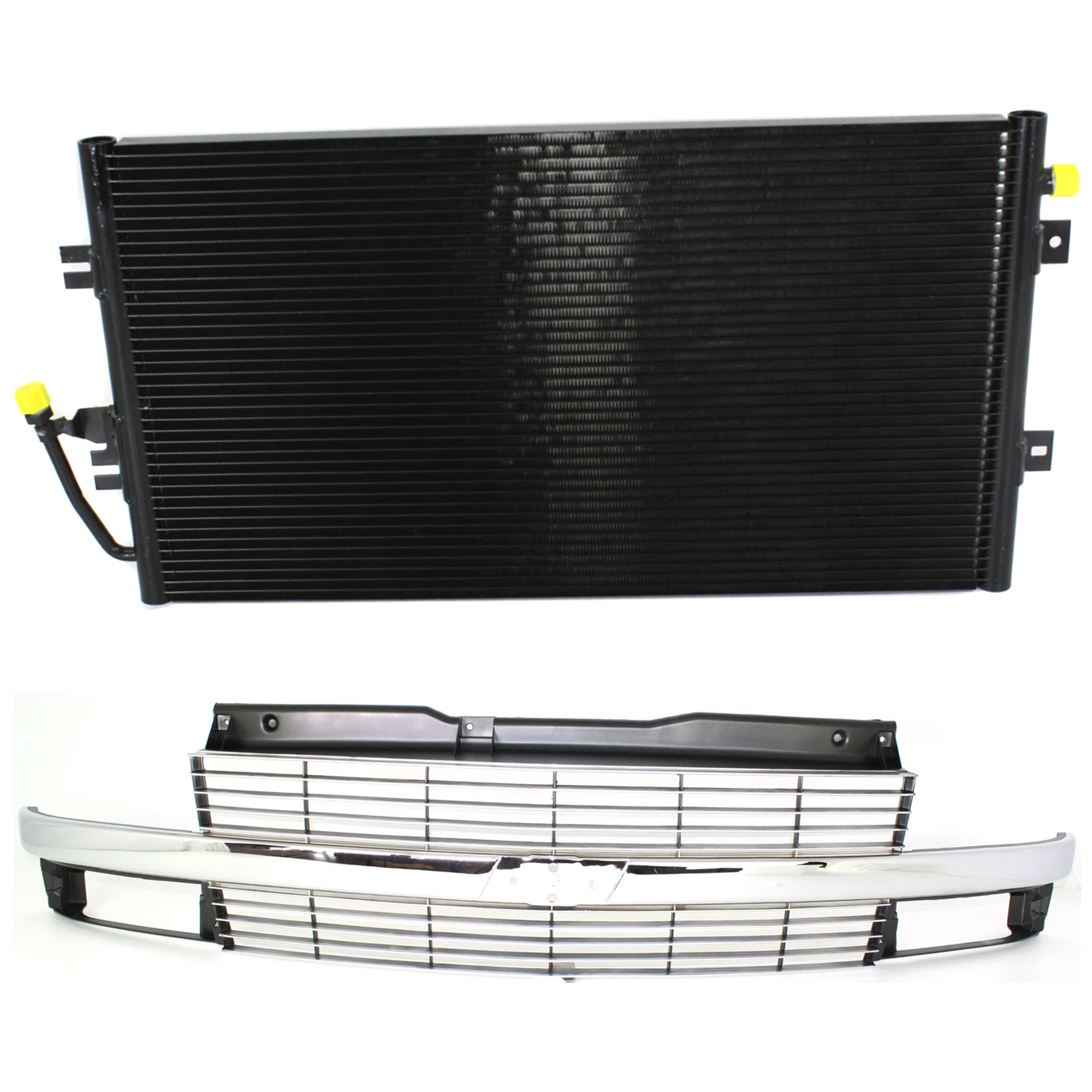AM ASTRO 96-05 GRILLE 2 pc kit Chrome and Silver with A C Condenser SKU KIT 111823-63 Partslink GM1200371 GM3030178 OEM 19130758-52456513