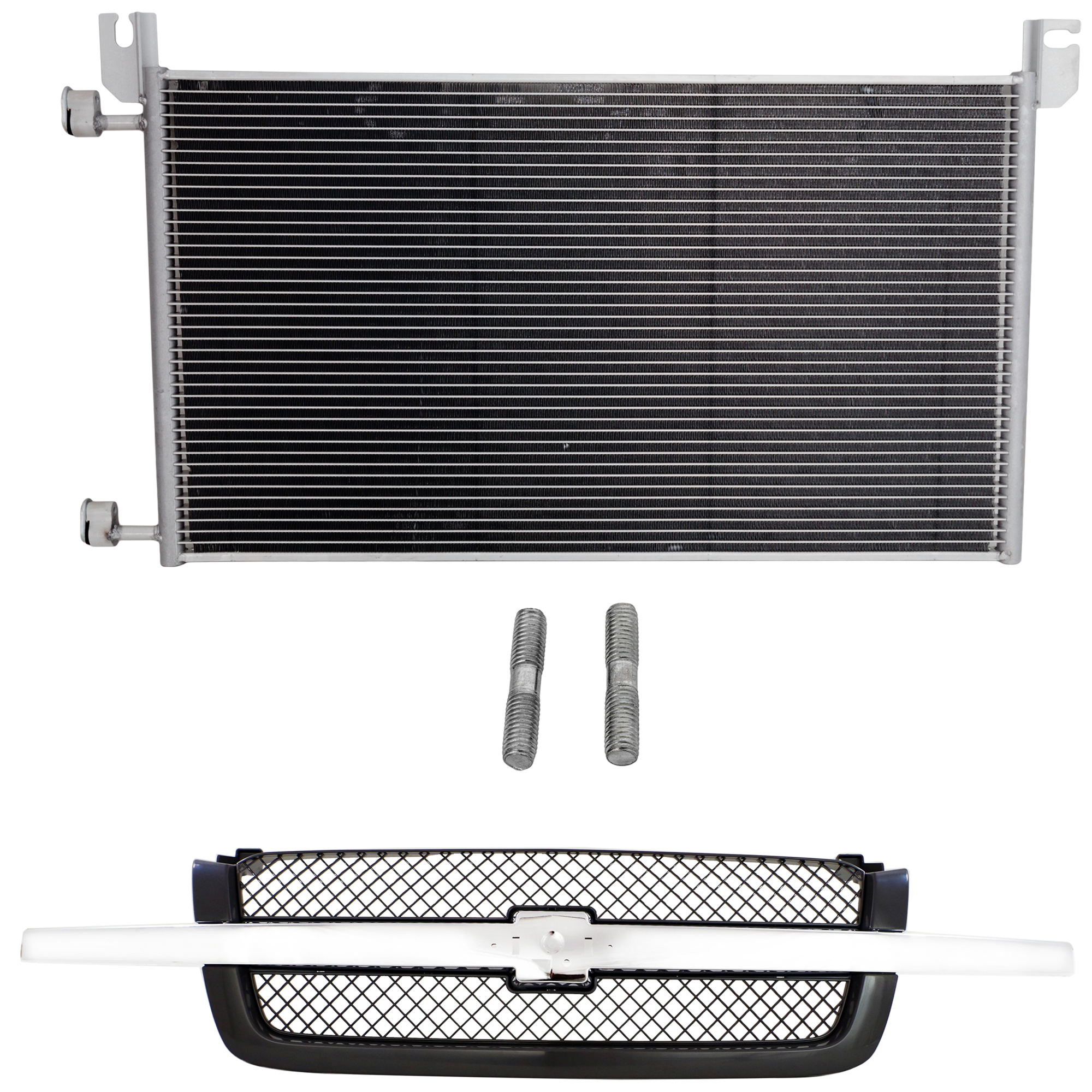 AM SILVERADO 03-06 GRILLE 2 pc kit Gray Mesh with Chrome Center Bar with A C Condenser SKU KIT 111823-67 Partslink GM1200489 GM3030162 OEM 19168629-20913751