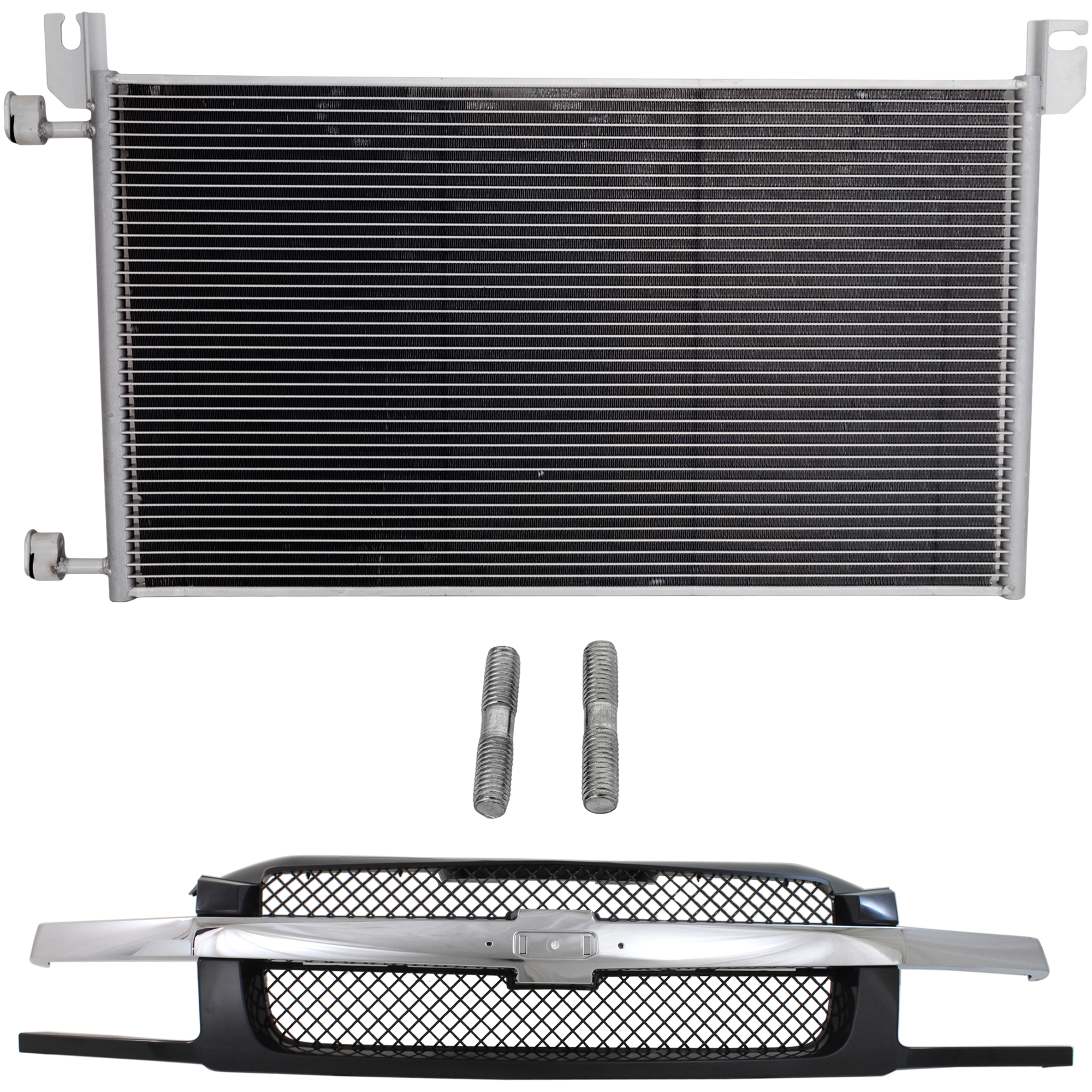 AM AVALANCHE 1500 AVALANCHE 2500-02-06 GRILLE 2 pc kit Painted Black Shell and Insert Mesh Insert with Chrome Center Bar with A C Condenser SKU KIT 111823-70 Partslink GM1200543 GM3030162 OEM 19168631-20913751