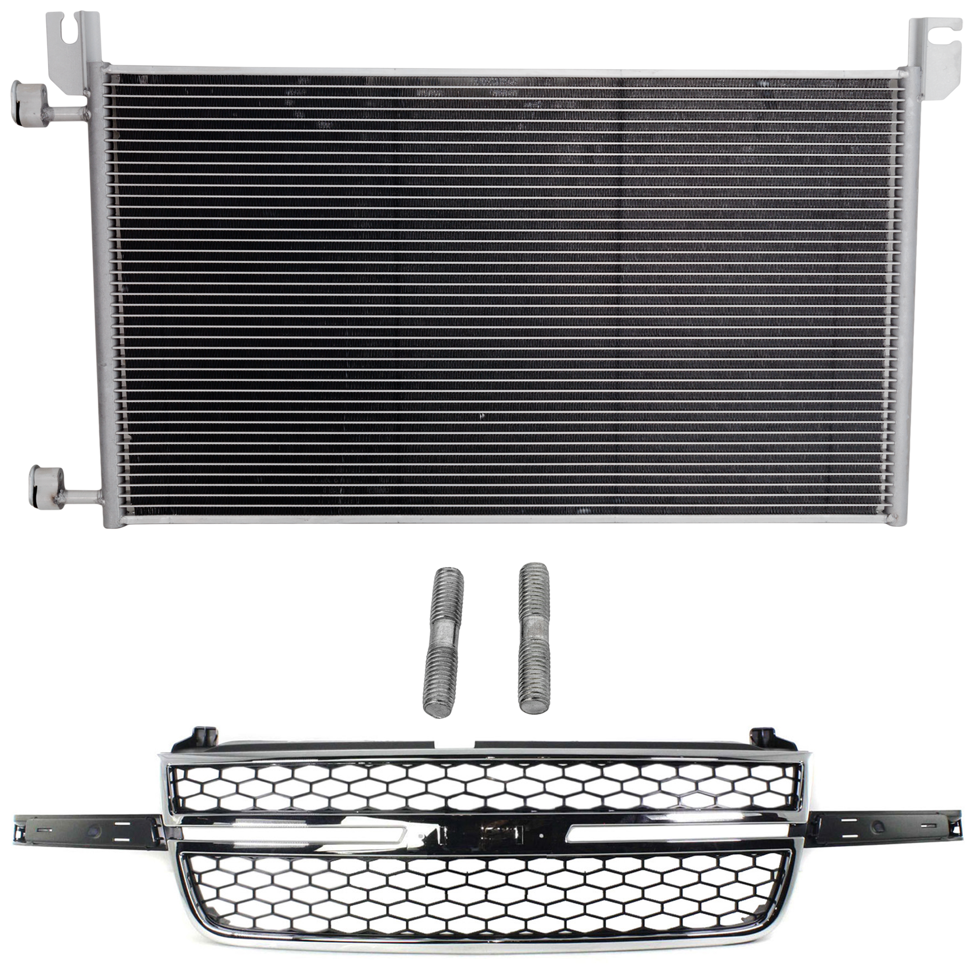 AM SILVERADO 1500-03-06 GRILLE 2 pc Kit Chrome Shell with Textured Black Insert with A C Condenser SS Model w Dale Earnhardt Package Includes 2007 Classic SKU KIT 111823-72 Partslink GM1200589 GM3030162 OEM 19122337-20913751