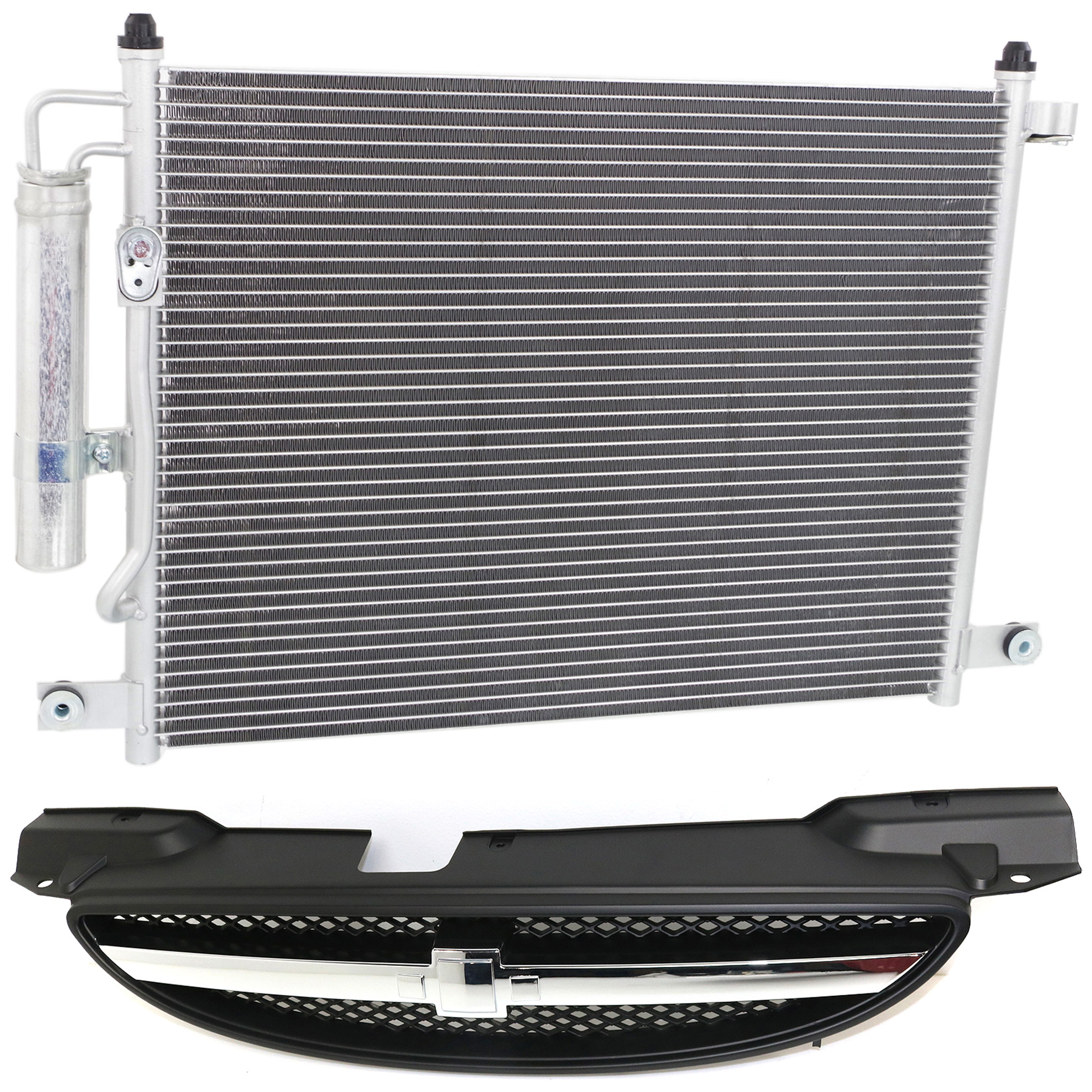 AM AVEO 04-06 AVEO5-06-08 GRILLE 2 pc kit Painted Black Shell and Insert with Chrome Center Bar with A C Condenser SKU KIT 111823-83 Partslink GM1200559 GM3030256 OEM 96492232-96834083