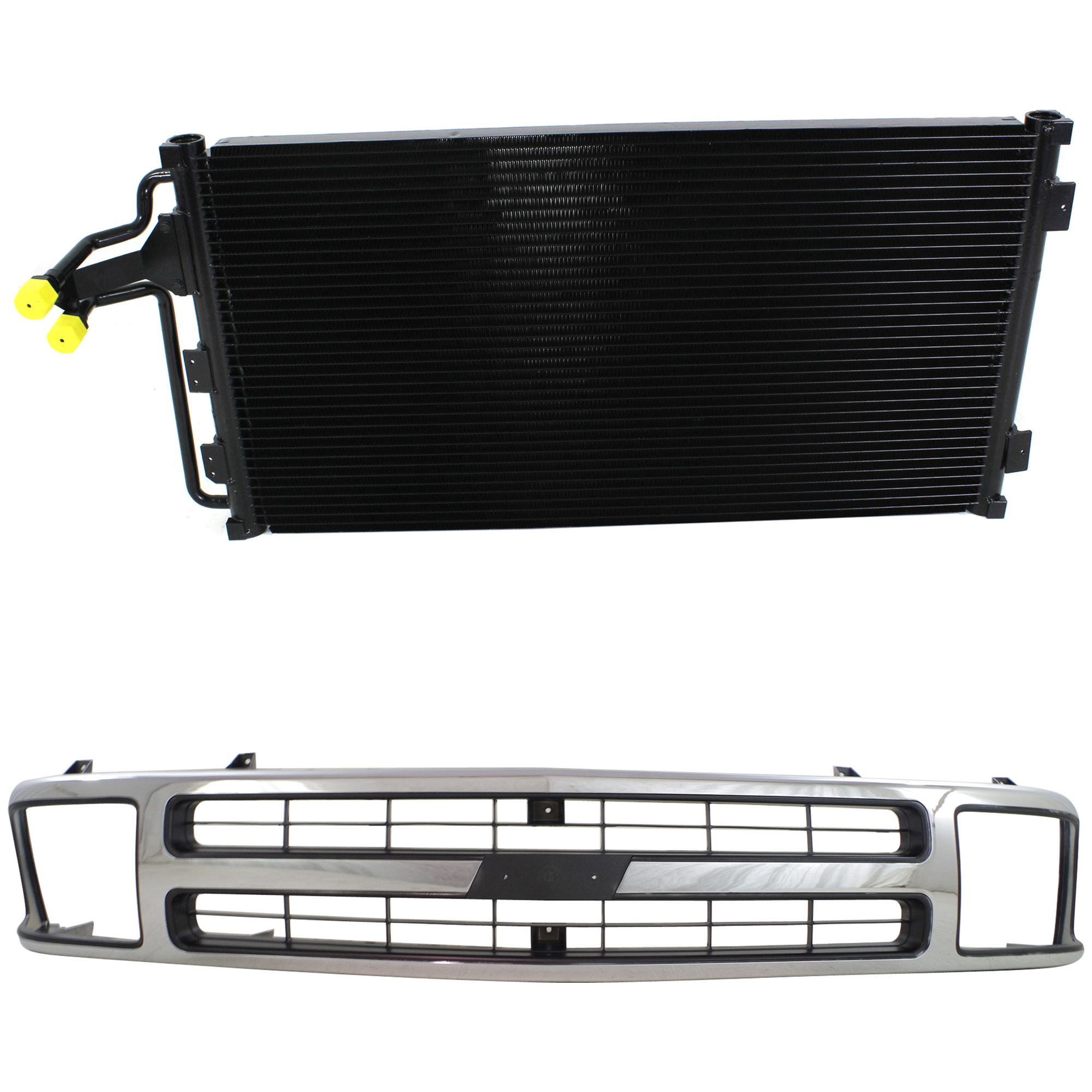 AM BLAZER 95-97 GRILLE 2 pc kit Chrome Shell w Black Insert w Composite Headlight w A C Condenser SKU KIT 111823-91 Partslink GM1200383 GM3030156 OEM 15672329-52474647