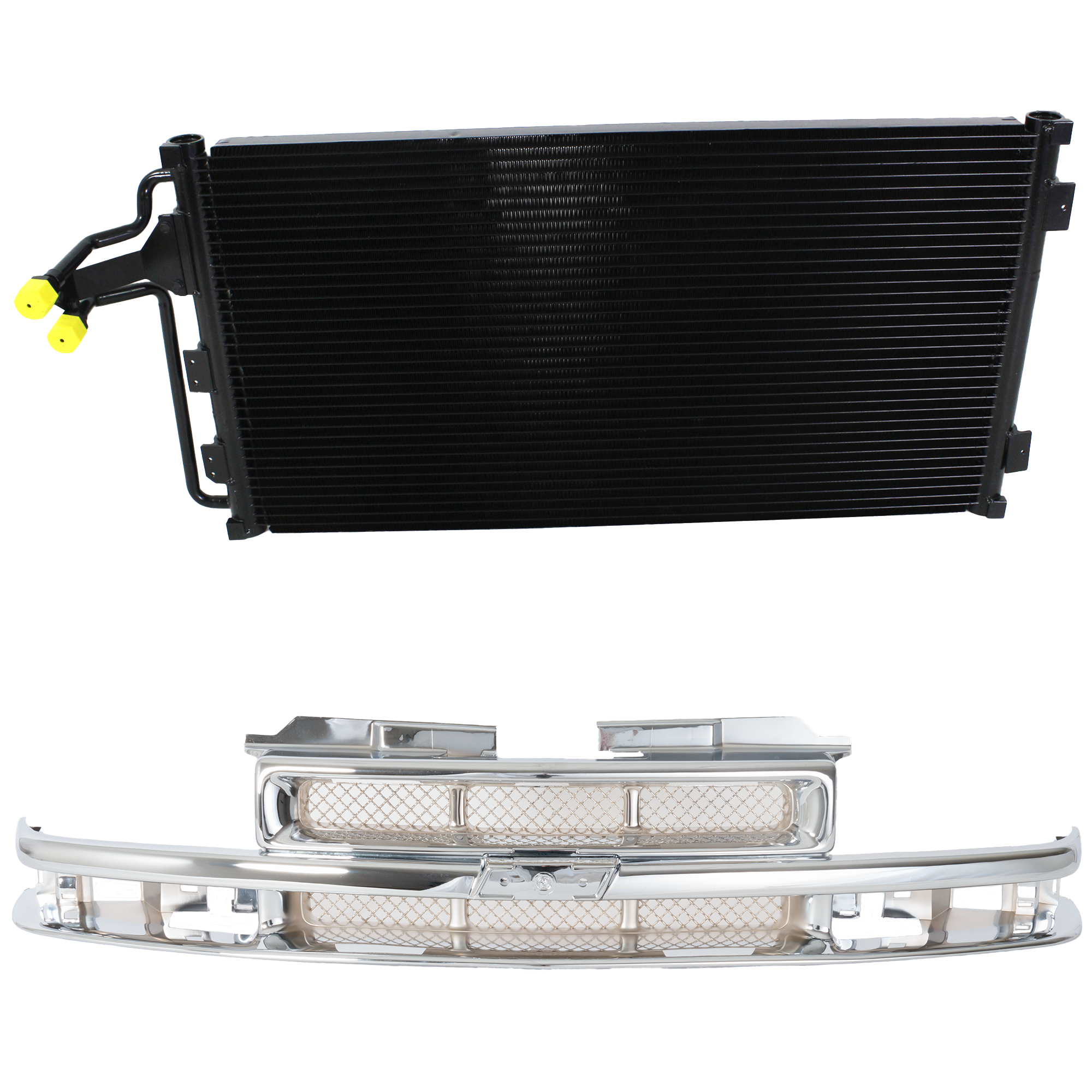 AM BLAZER 98-05 S10 PICKUP 98-04 GRILLE 2 pc kit Chrome Shell and Insert w Chrome Center Bar Mesh Insert w A C Condenser SKU KIT 111823-94 Partslink Performance GM3030156 OEM Performance 52474647