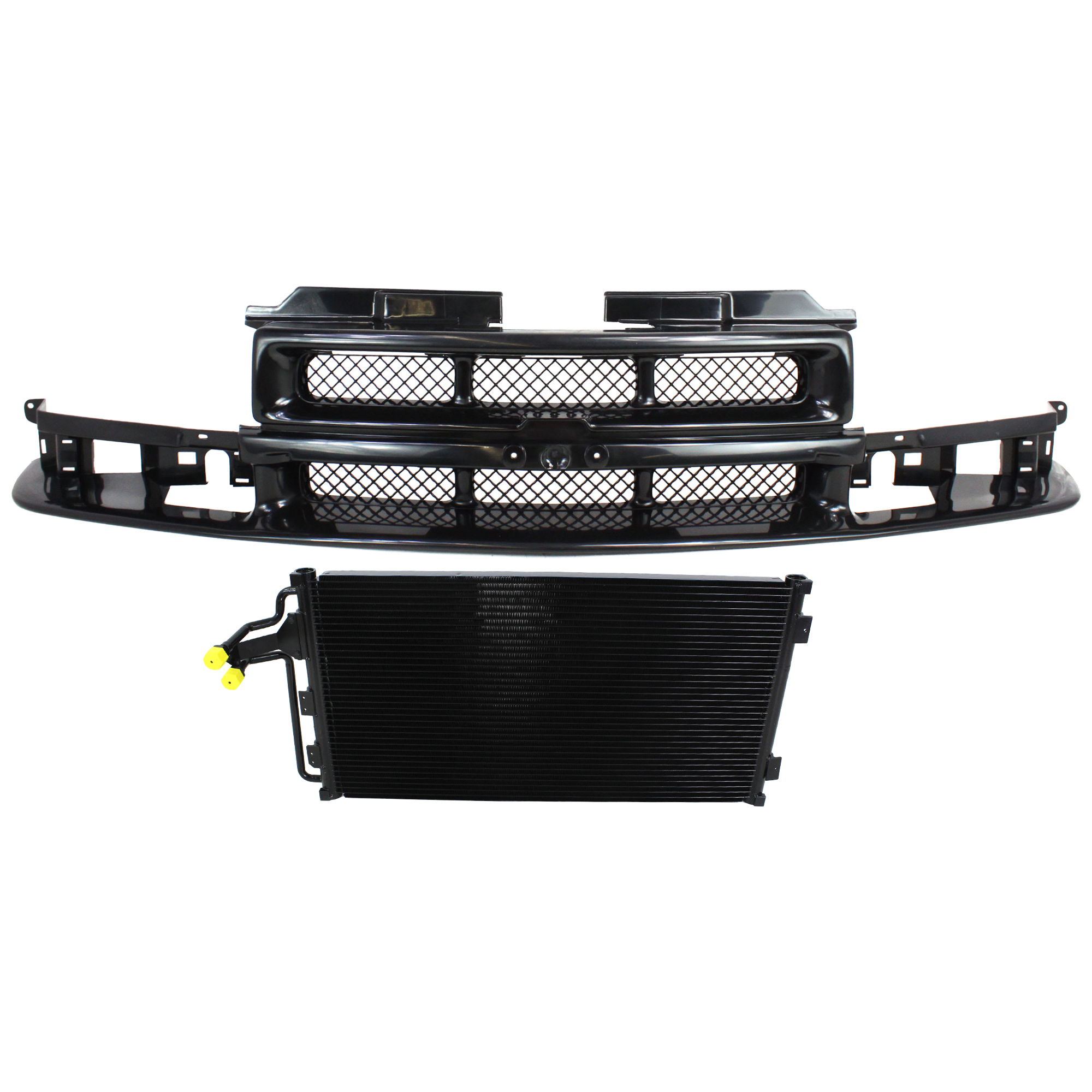AM BLAZER 98-05 S10 PICKUP 98-04 GRILLE 2 pc kit Painted Black w o Center Bar Mesh Insert w A C Condenser SKU KIT 111823-95 Partslink GM1200507 GM3030156 OEM 52474647