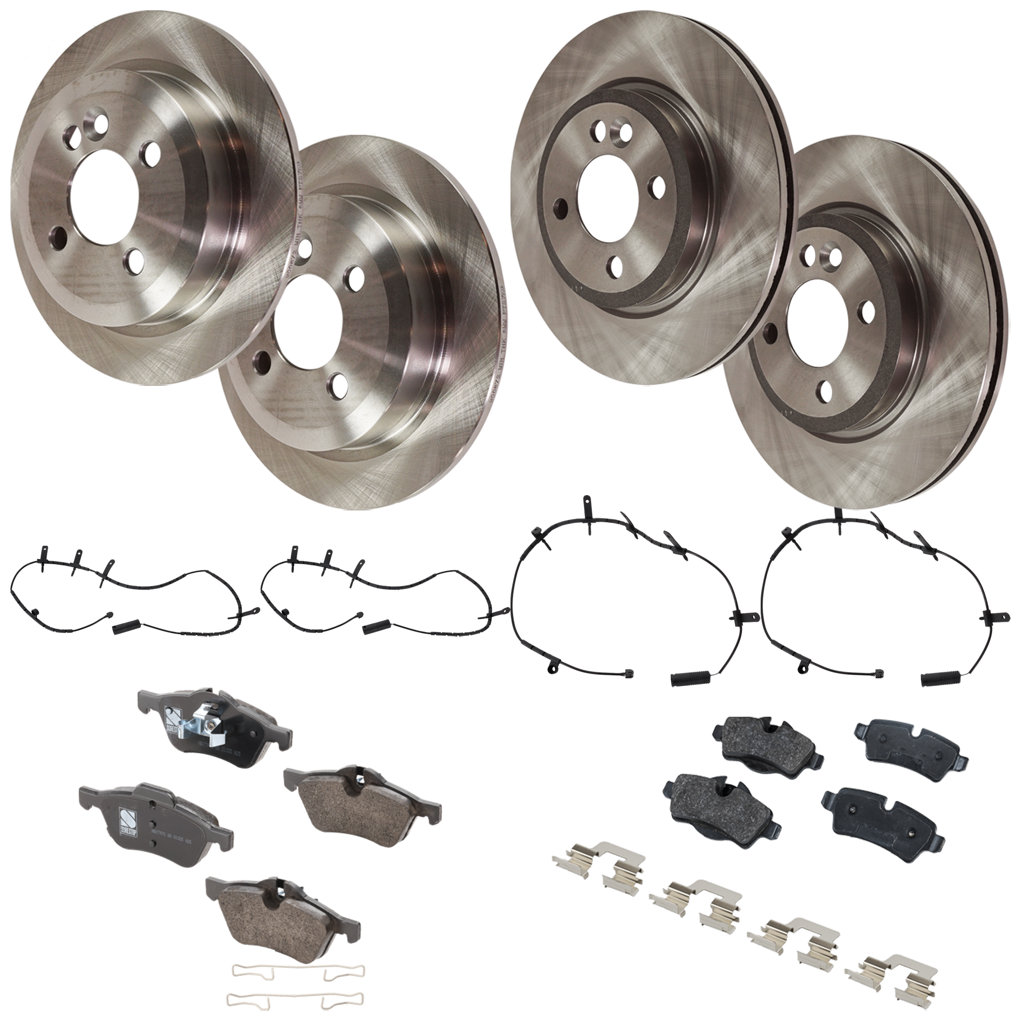 AM COOPER 07-08 FRONT AND REAR BRAKE DISC AND PAD KIT 4 Wheel Set 4 Lugs Semi metallic Front Organic Rear with Brake Disc and Brake Pad Set SKU KIT 112124-168 OEM 34216774987-34412-45424-850110