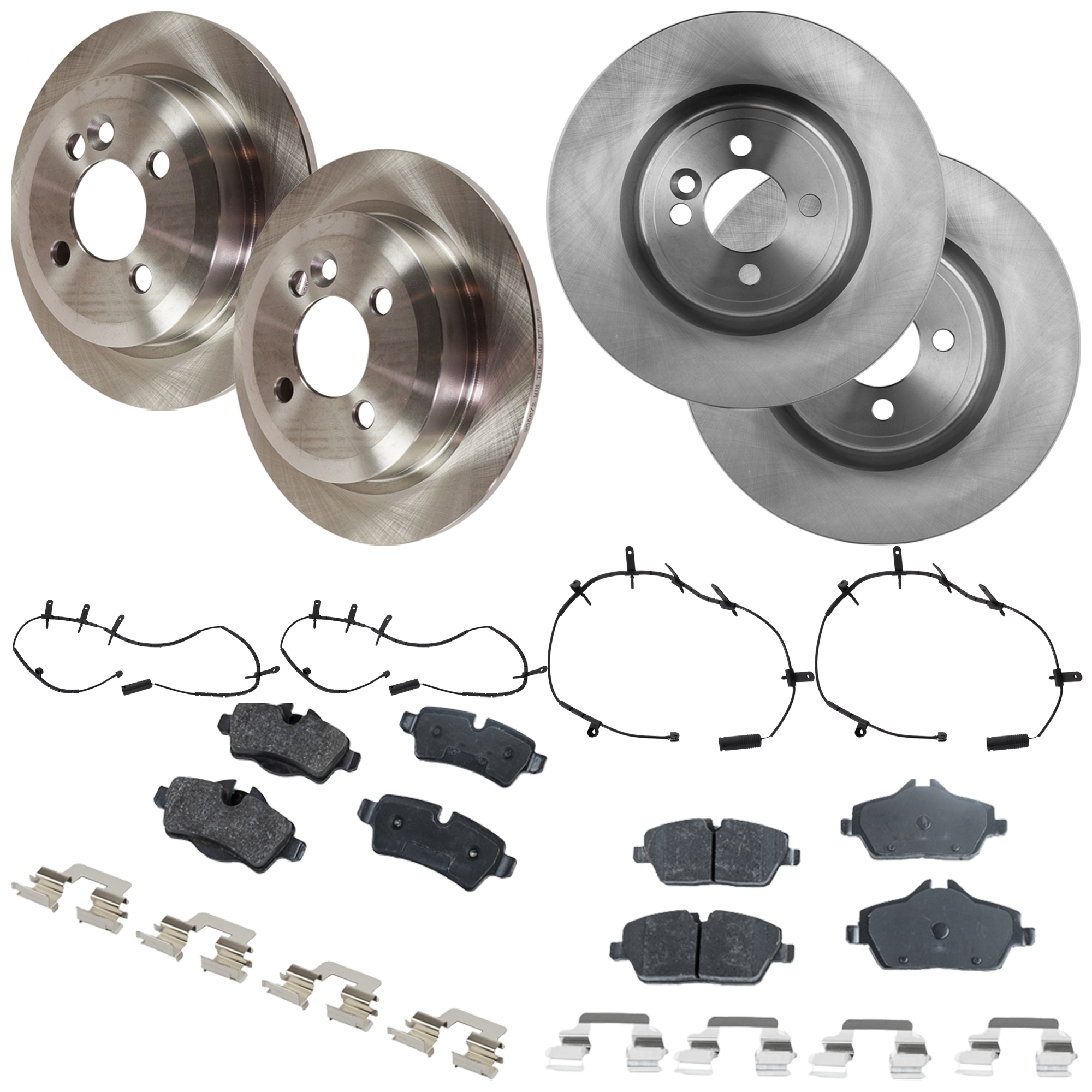 AM COOPER 08-08 FRONT AND REAR BRAKE DISC AND PAD KIT 4 Wheel Set 4 Lugs Organic with Brake Disc Brake Pad Sensor and Brake Pad Set SKU KIT 112124-170 OEM 34216774987-34116774986-341168
