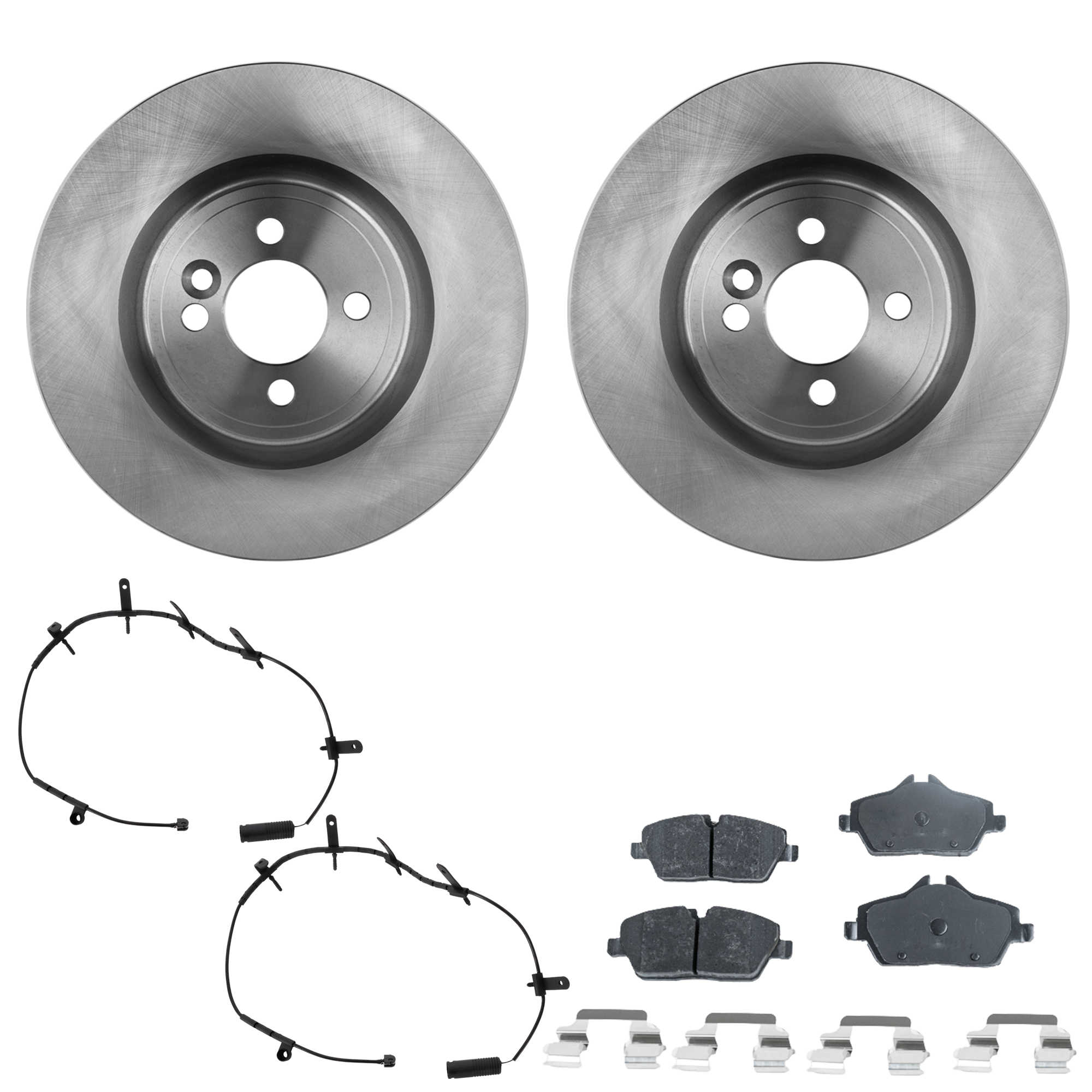 AM COOPER 08-08 FRONT BRAKE DISC AND PAD KIT 2 Wheel Set 4 Lugs Organic with Brake Disc Brake Pad Sensor and Brake Pad Set SKU KIT 112124-25 OEM 34116774986-34116858652-343567
