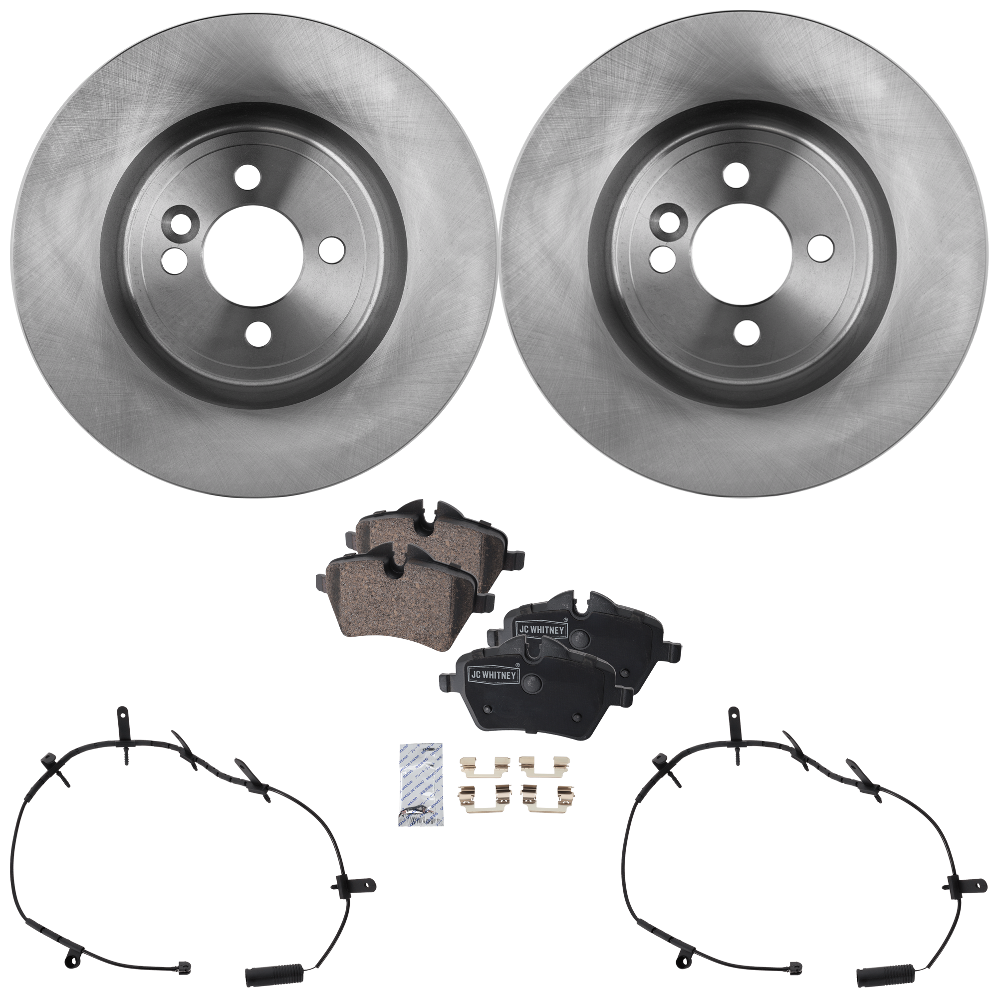 AM COOPER 08-08 FRONT BRAKE DISC AND PAD KIT 2 Wheel Set 4 Lugs Ceramic with Brake Disc Brake Pad Sensor and Brake Pad Set SKU KIT 112124-56 OEM 34116774986-34116858652-343567