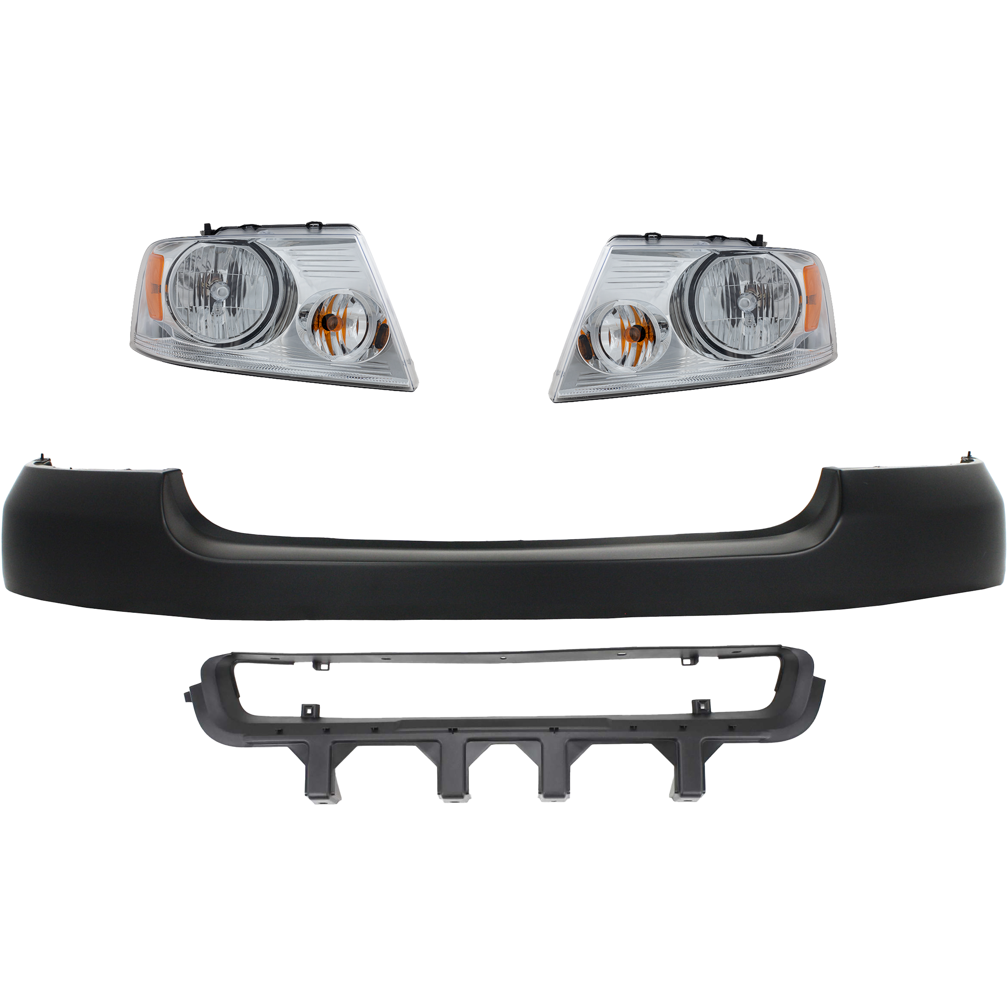 AM F 150-04-06 MARK LT 06-06 HEAD LAMP RH AND LH Assembly Halogen 4 pc Kit with Bumper Cover and Bumper Grille SKU KIT 112217-05 Partslink FO2502201 FO2503201 FO1000561 FO1036109 OEM 7L3Z13008FA 7L3Z13008GA 4L3Z17