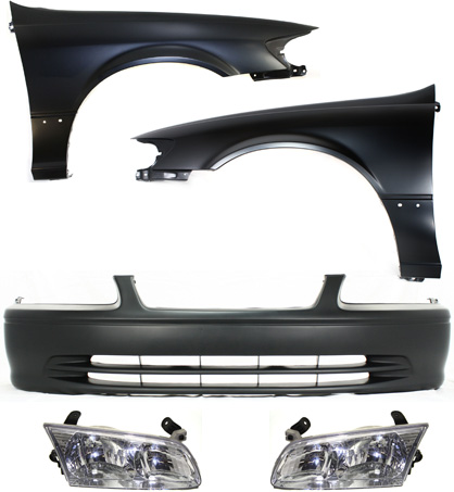 AM CAMRY 00-01 FRONT BUMPER COVER 5 pc Kit with Fenders and Headlights SKU KIT 112217-11 Partslink TO1000206 TO1240162 TO1241162 TO2502130 TO2503130 OEM 52119AA902-53812AA020-53811AA0