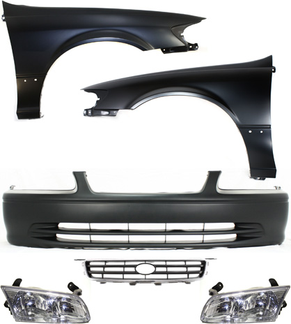 AM CAMRY 00-01 FRONT BUMPER COVER 6 pc Kit with Grille Fenders and Headlights SKU KIT 112217-12 Partslink TO1000206 TO1240162 TO1241162 TO1200225 TO2502130 TO2503130 OEM 52119AA902-53812AA020-53811AA0