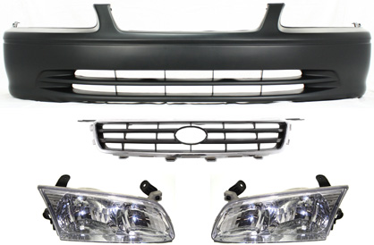 AM CAMRY 00-01 FRONT BUMPER COVER 4 pc Kit with Grille and Headlights SKU KIT 112217-14 Partslink TO1000206 TO1200225 TO2502130 TO2503130 OEM 52119AA902-53111AA020-81150AA0