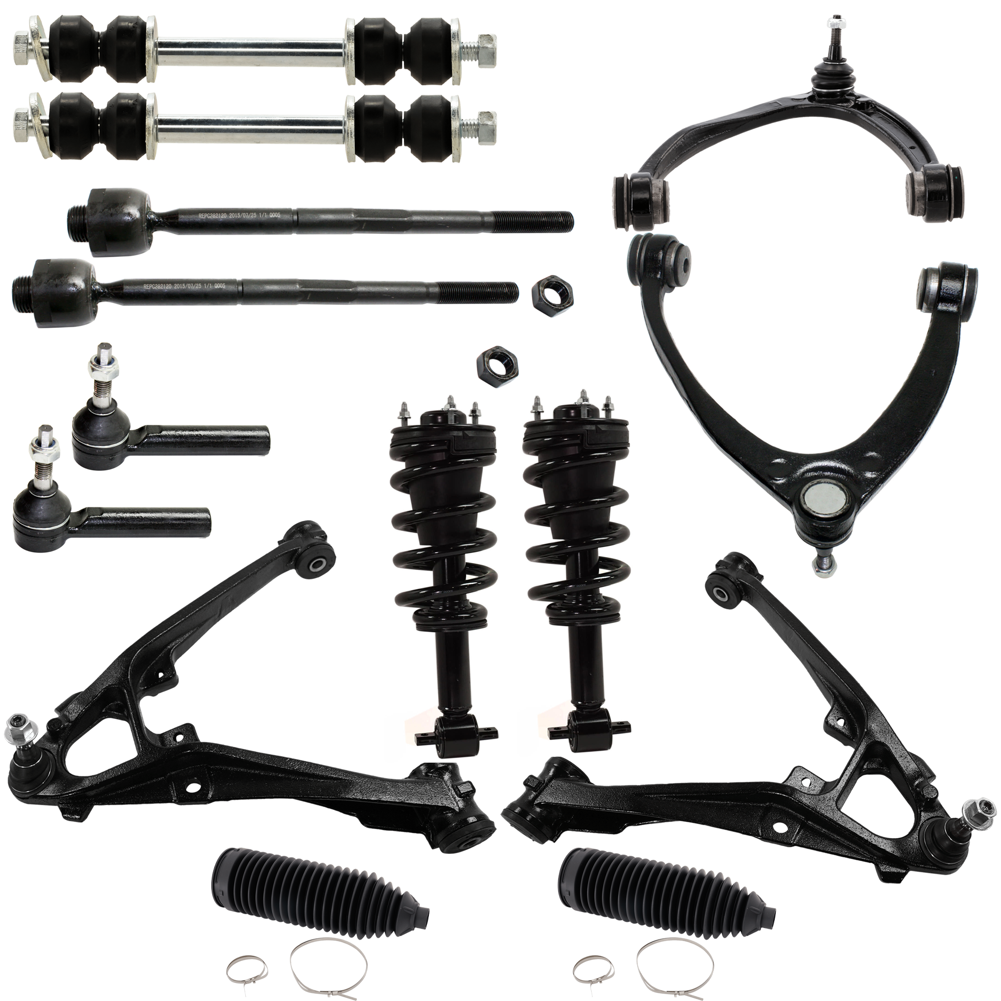 AM SILVERADO 1500 SIERRA 1500-07-13 FRONT SUSPENSION KIT RH AND LH 14 pc kit with Control Arm Loaded Strut Steering Rack Boot Sway Bar Link and Tie Rod End SKU KIT 112222-10 OEM 22952194-20869202-22952193-208