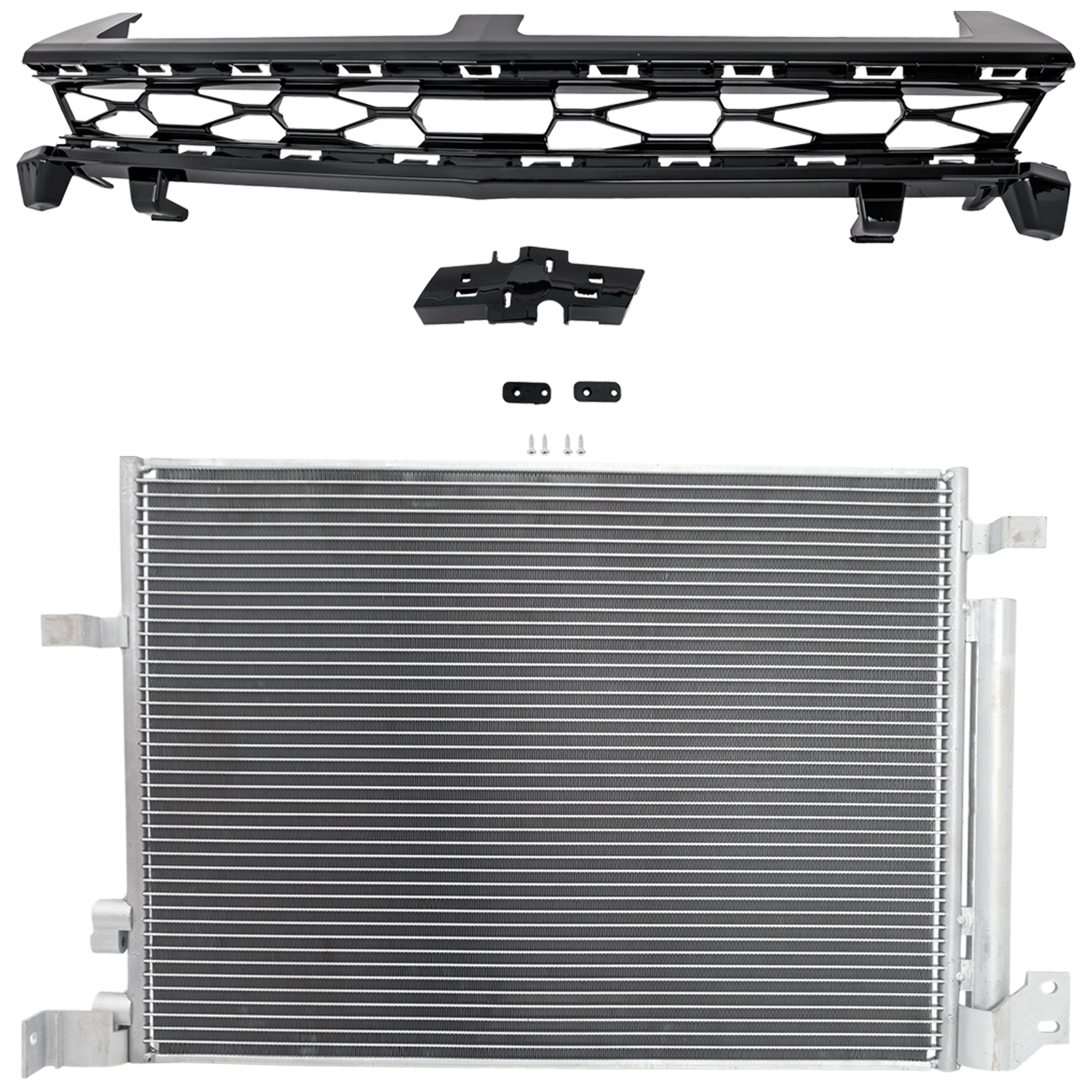 AM CAMARO 16-18 GRILLE 2 pc Kit Upper Textured Black Shell and Insert with A C Condenser SKU KIT 112423-12 Partslink GM1200737 GM3030314 OEM 84140577-84947857