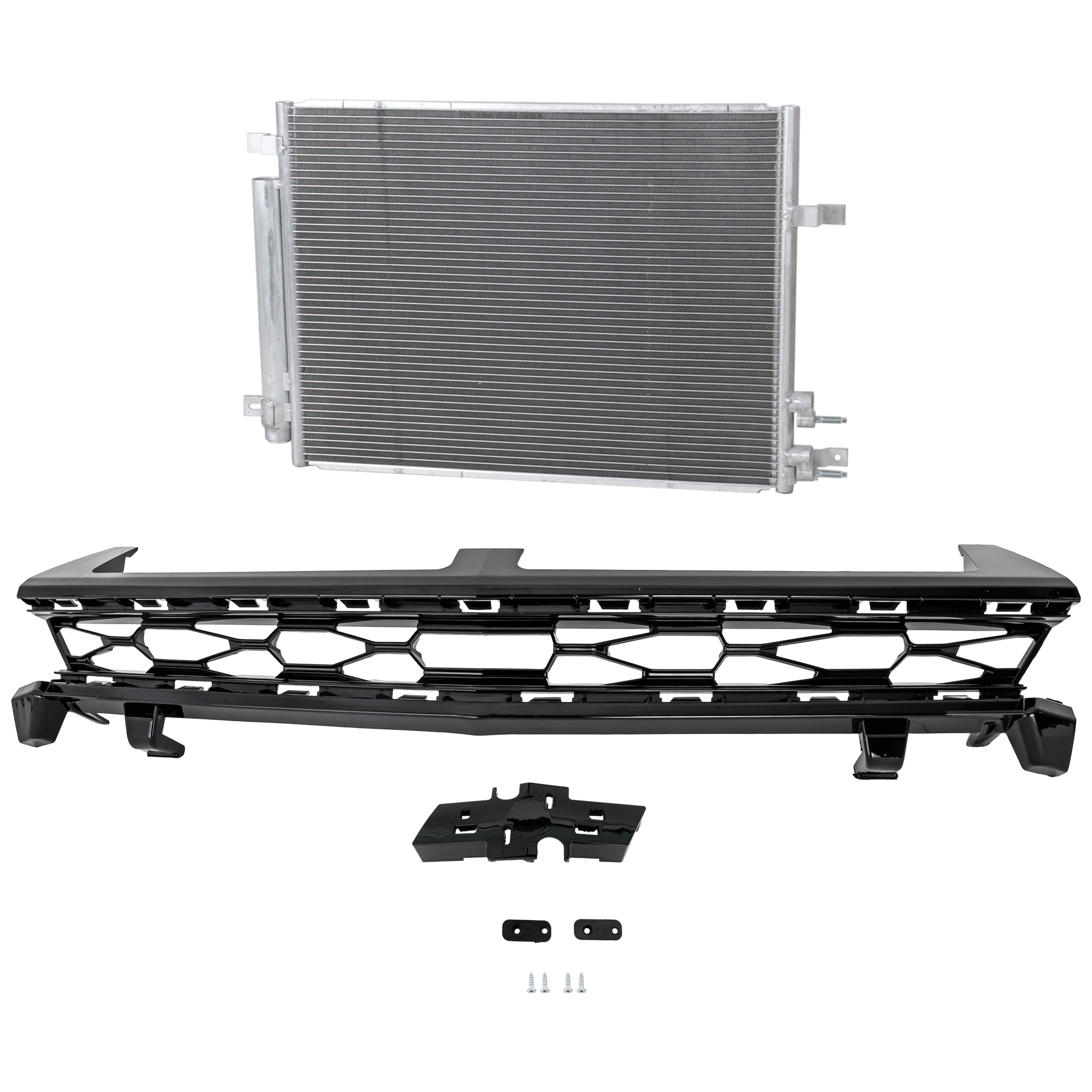 AM CAMARO 16-18 GRILLE 2 pc Kit Upper Textured Black Shell and Insert with A C Condenser SKU KIT 112423-17 Partslink GM1200737 GM3030321 OEM 84140577-23455461-84947859