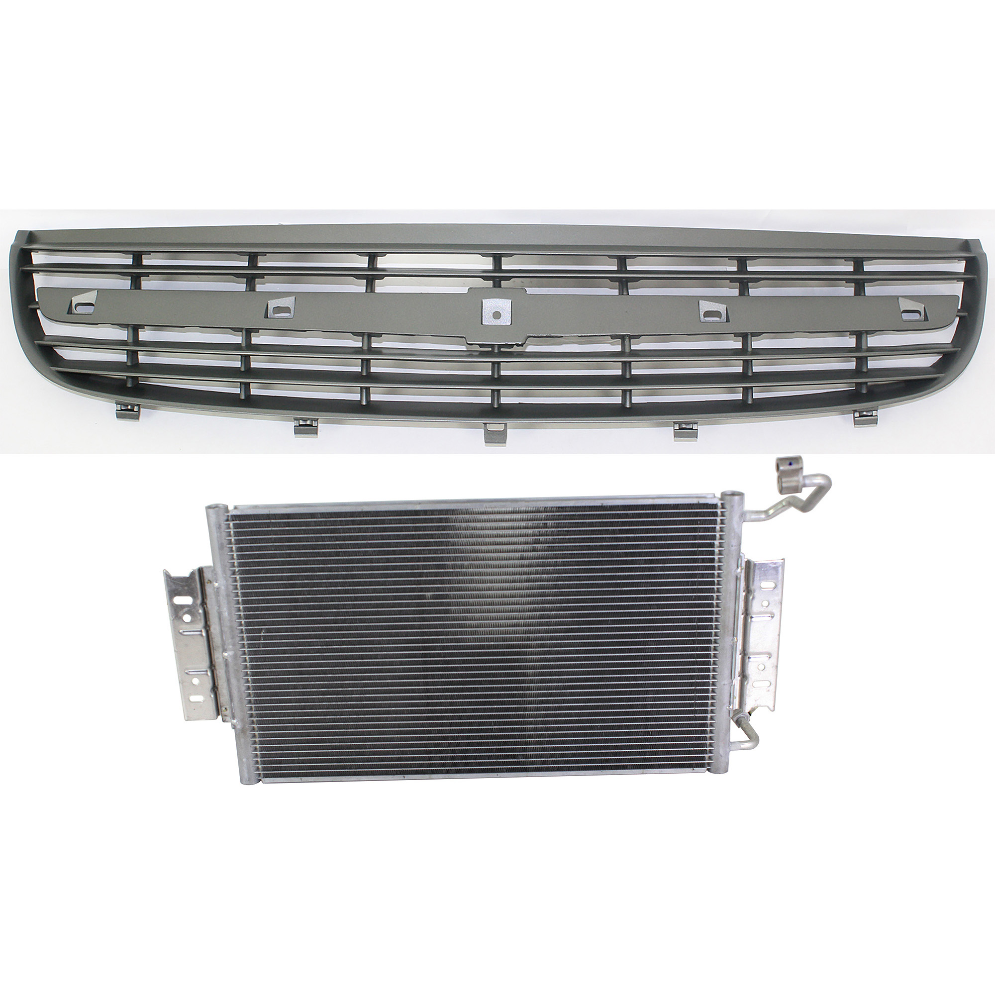 AM CLASSIC 04-05 MALIBU 02-03 GRILLE 2 pc Kit Silver Gray Shell and Insert with A C Condenser SKU KIT 112423-22 Partslink GM1200449 GM3030239 OEM 21992586-22719427