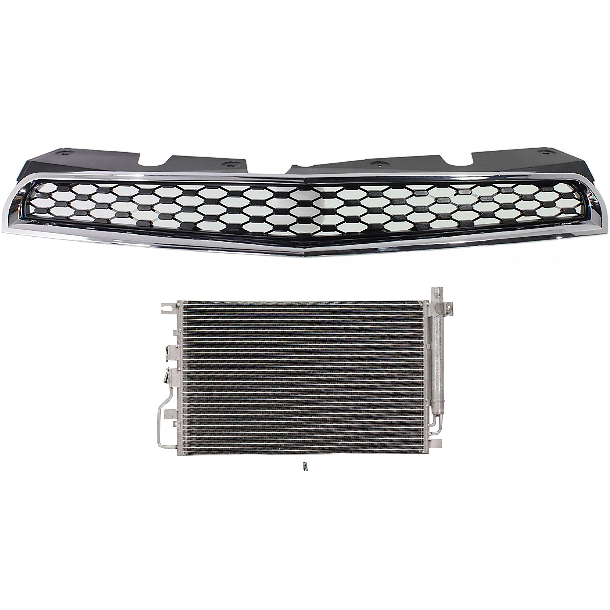AM EQUINOX 10-15 GRILLE 2 pc Kit Upper Chrome Shell Painted Black Insert with A C Condenser SKU KIT 112423-60 Partslink GM1200622 GM3030284 SZ3030123 GM3030303 OEM 25798744-20839794-23400197-953