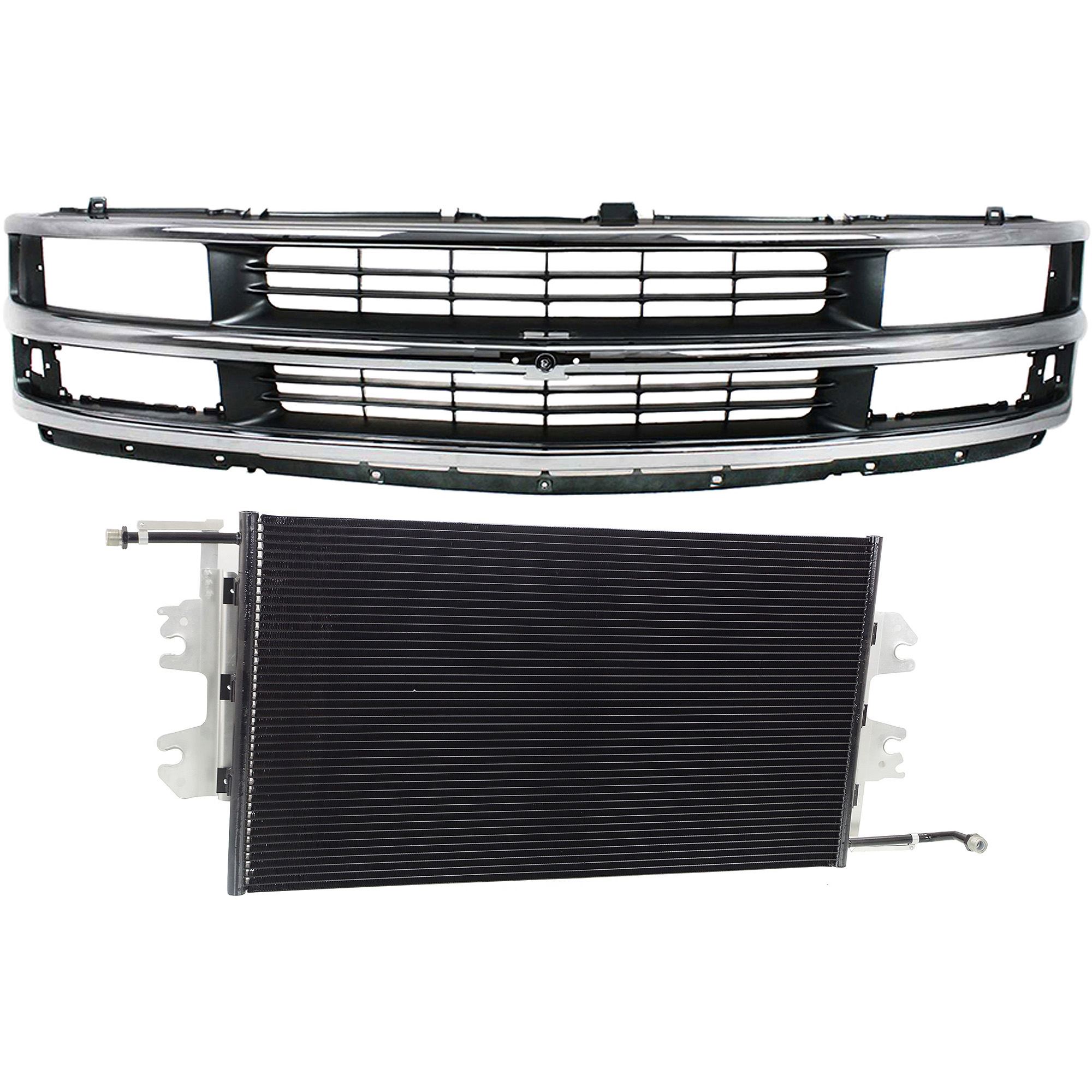 AM EXPRESS VAN 96-02 GRILLE 2 pc Kit Chrome Shell Painted Gray Insert with Composite Headlight with A C Condenser SKU KIT 112423-80 Partslink GM1200382 GM3030180 OEM 15037242-52497546