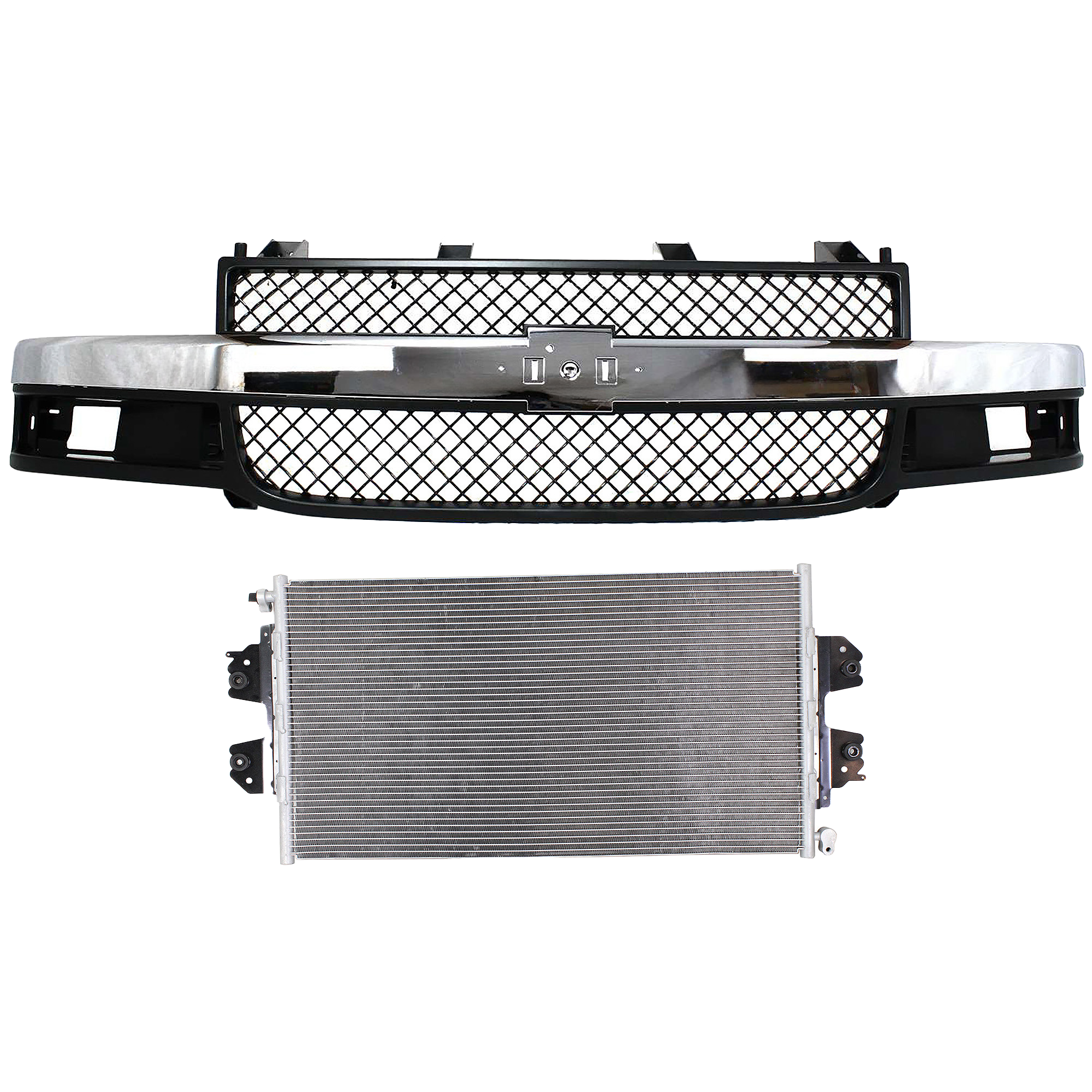 AM EXPRESS VAN 03-23 GRILLE 2 pc Kit Gray Shell and Insert with Chrome Center Bar with Composite Headlights with A C Condenser SKU KIT 112423-81 Partslink GM1200535 GM3030250 OEM 84689070-23469929