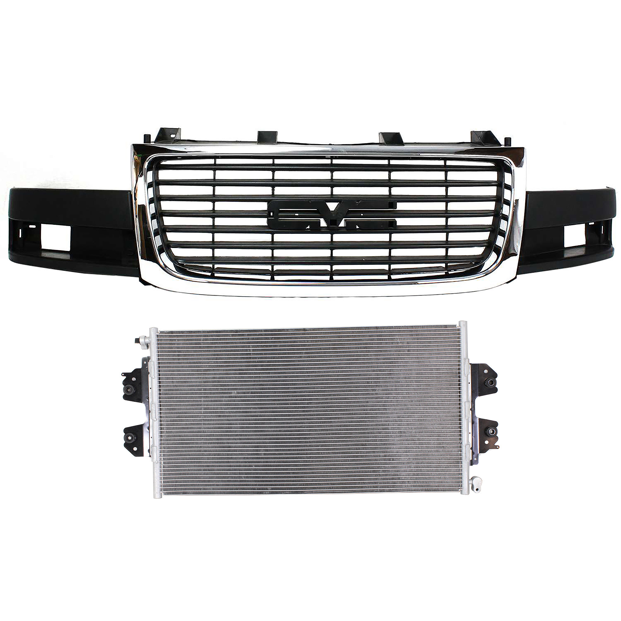 AM EXPRESS SAVANA VAN 03-23 GRILLE 2 pc Kit Chrome Shell Painted Black Insert with Composite Headlight with A C Condenser SKU KIT 112423-83 Partslink GM1200532 GM3030250 OEM 84689071-23469929