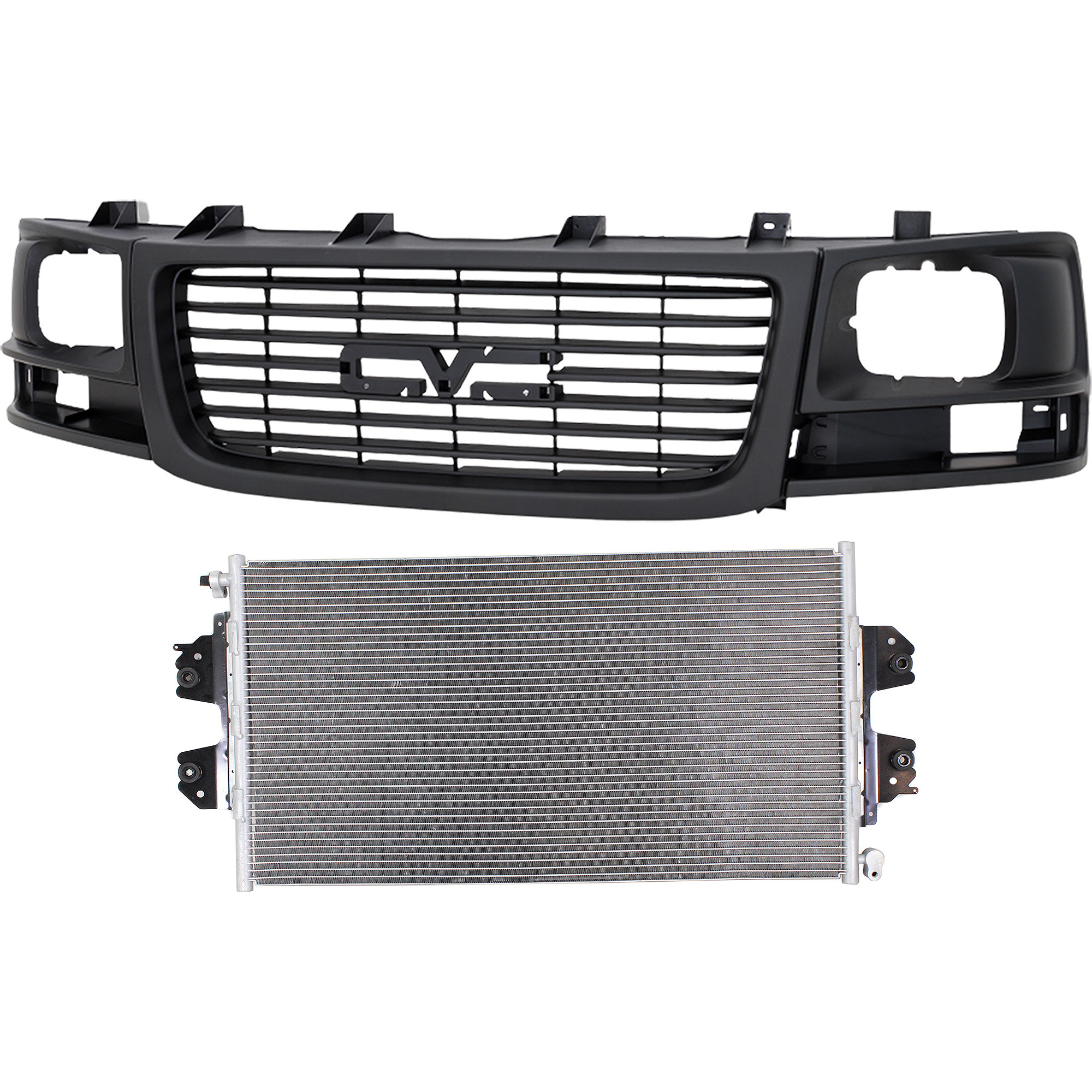 AM EXPRESS SAVANA VAN 03-23 GRILLE 2 pc Kit Textured Black Shell and Insert with Sealed Beam Headlight with A C Condenser SKU KIT 112423-84 Partslink GM1200531 GM3030250 OEM 22881262-23469929