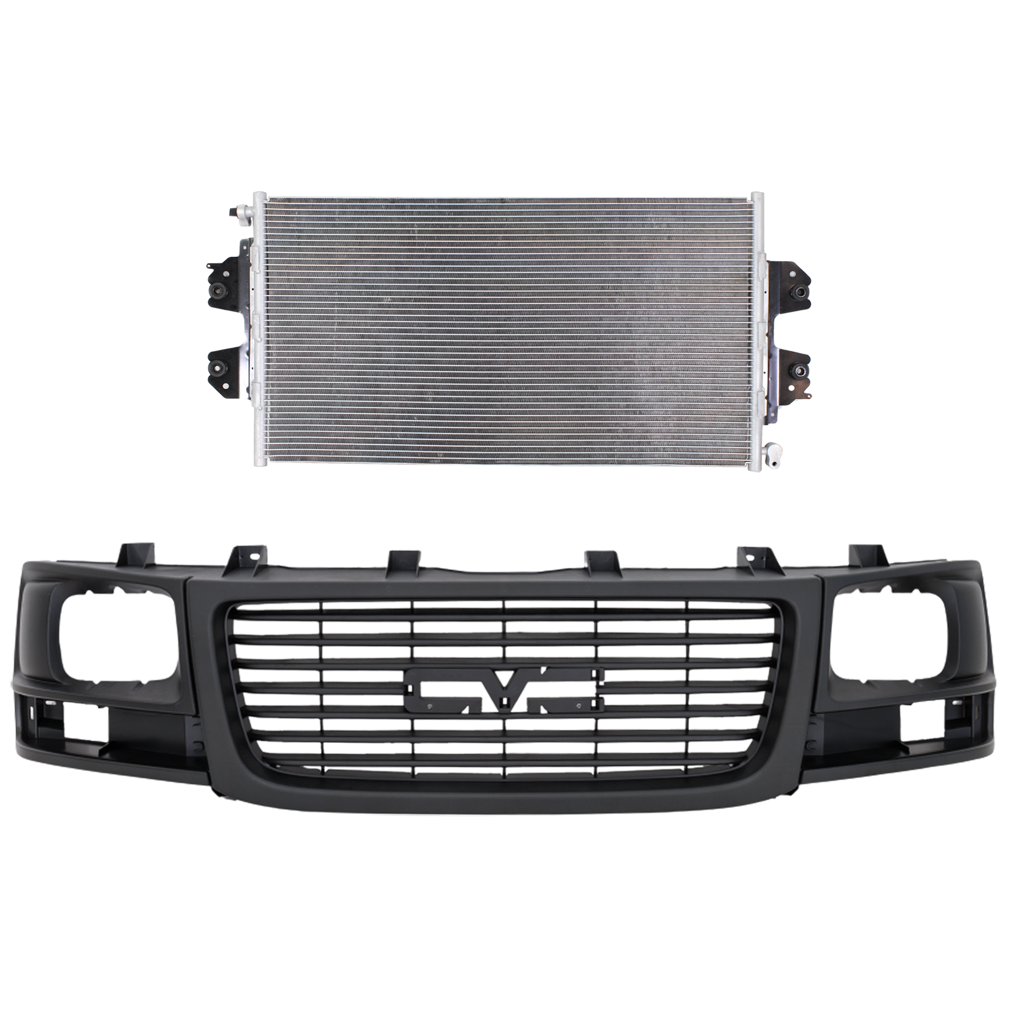 AM EXPRESS SAVANA VAN 03-23 GRILLE 2 pc Kit Textured Black Shell and Insert with Sealed Beam Headlight with A C Condenser CAPA SKU KIT 112423-86 Partslink GM1200531C GM3030250 OEM 22881262-23469929