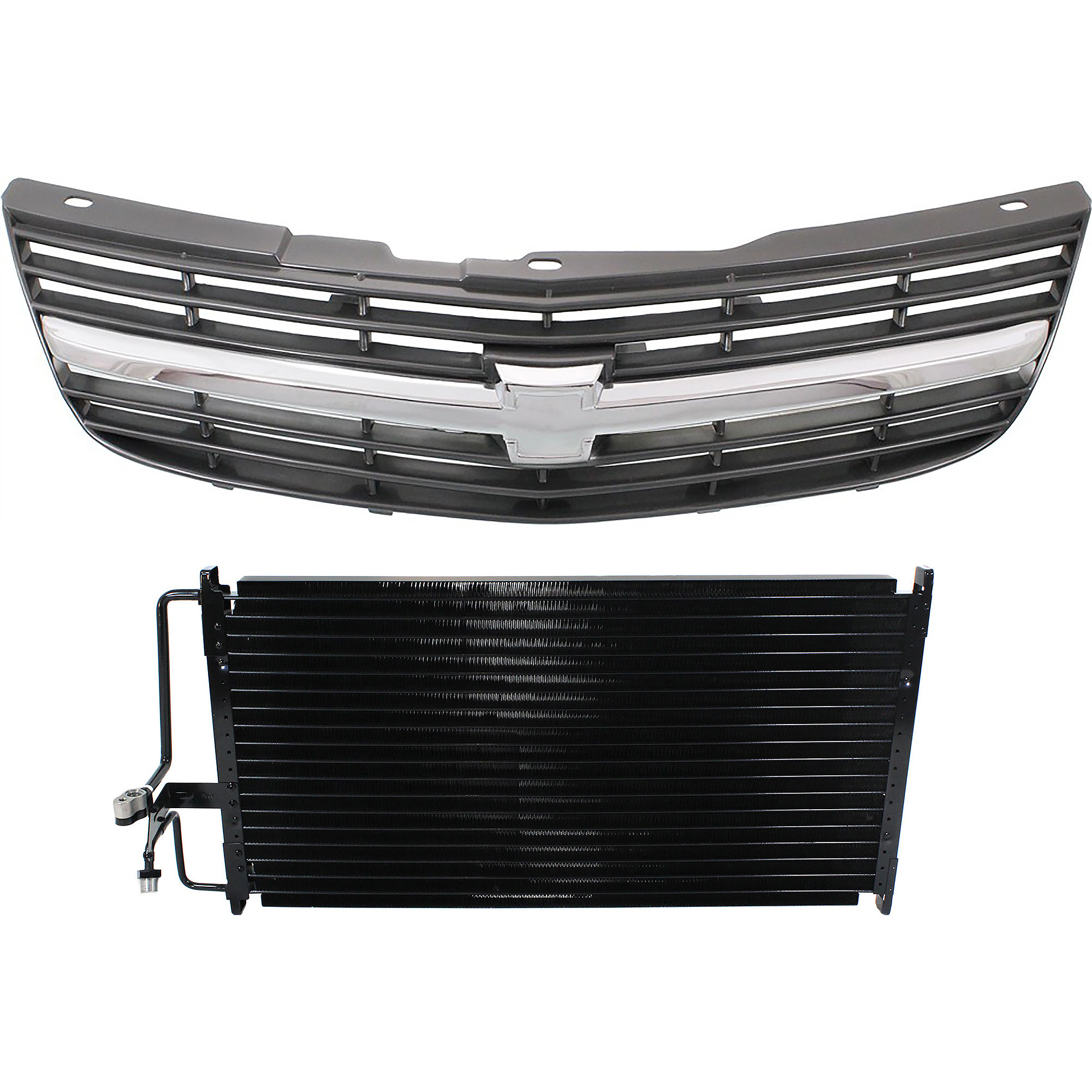 AM IMPALA 00-03 GRILLE 2 pc Kit Vertical Bar Insert Painted Dark Gray Shell and Insert with Chrome Center Bar with A C Condenser SKU KIT 112423-98 Partslink GM1200428 GM3030101 OEM 10289769-52411111