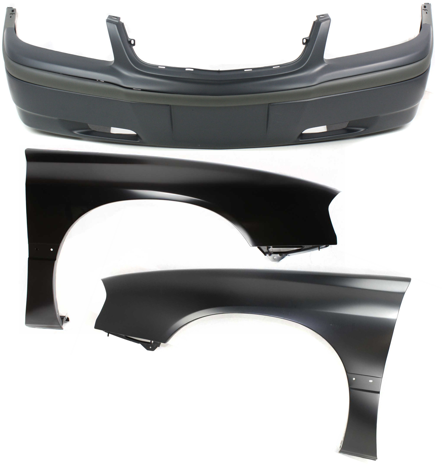 AM IMPALA 00-05 FRONT BUMPER COVER 3 pc Kit with Fenders SKU KIT 112617-155 Partslink GM1000585 GM1240273 GM1241273 OEM 12335505-89025179-89025178