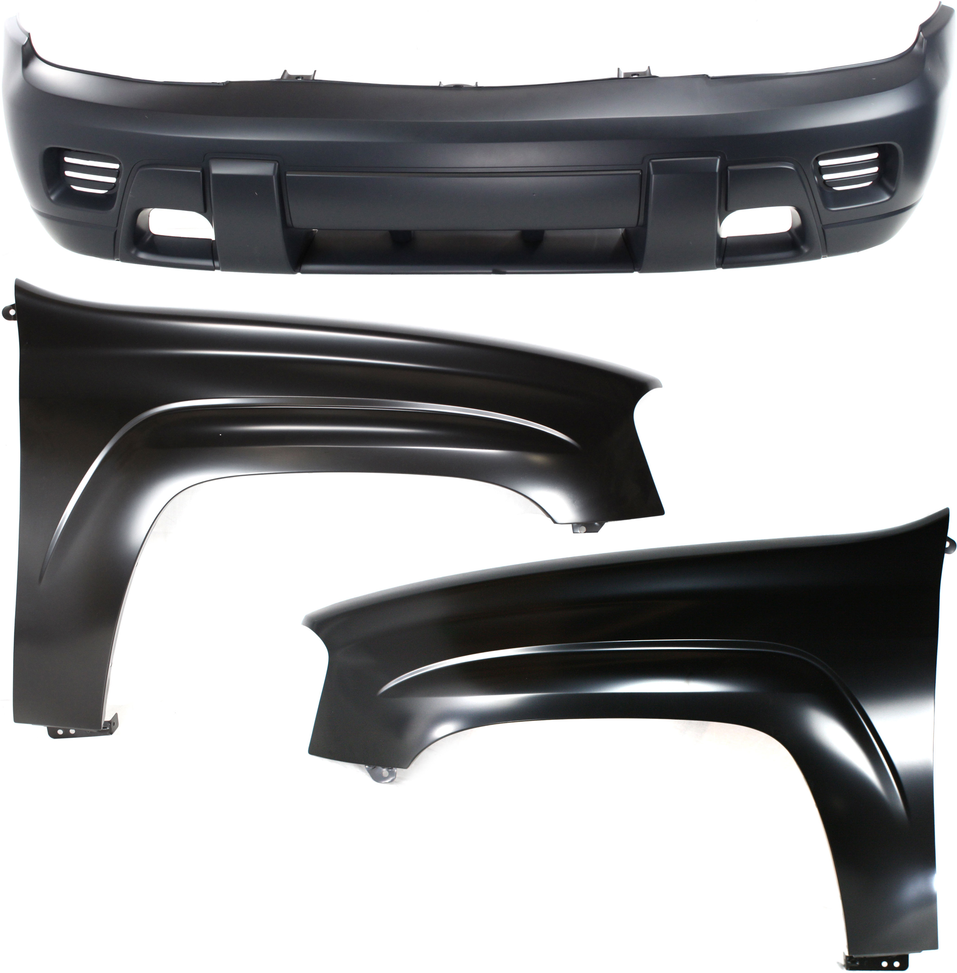 AM TRAILBLAZER 02-09 FRONT BUMPER COVER 3 pc Kit with Front Fender RH and LH SKU KIT 112617-191 Partslink GM1000640 GM1240289 GM1241289 OEM 88937008-12477993-12477994