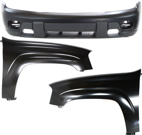 AM TRAILBLAZER 02-07 FRONT BUMPER COVER 3 pc Kit with Fender RH and LH SKU KIT 112617-192 Partslink GM1000639 GM1240289 GM1241289 OEM 88937047-12477993-12477994