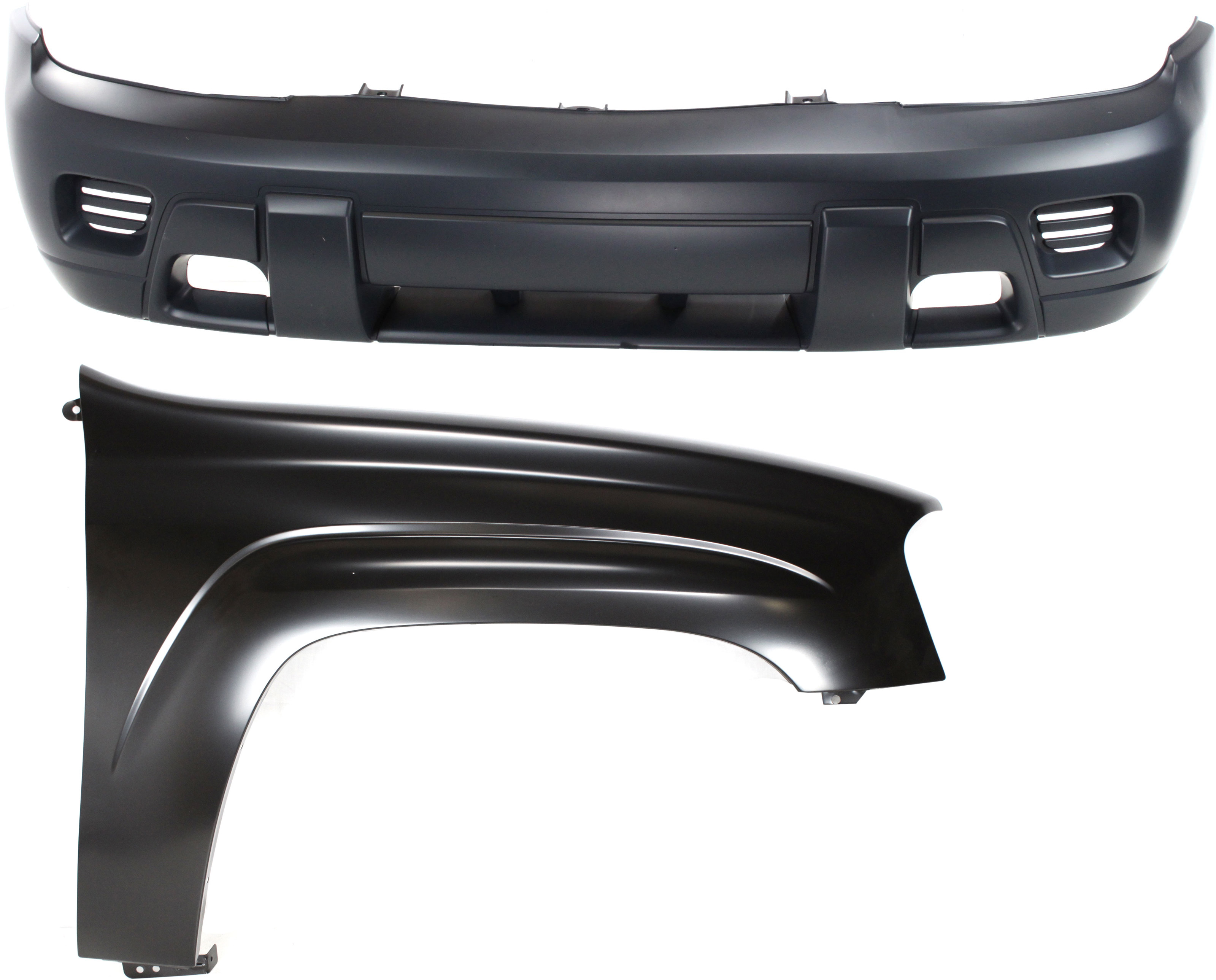 AM TRAILBLAZER 02-09 FRONT BUMPER COVER 2 pc Kit with Fender SKU KIT 112617-194 Partslink GM1000640 GM1241289 OEM 88937008-12477994