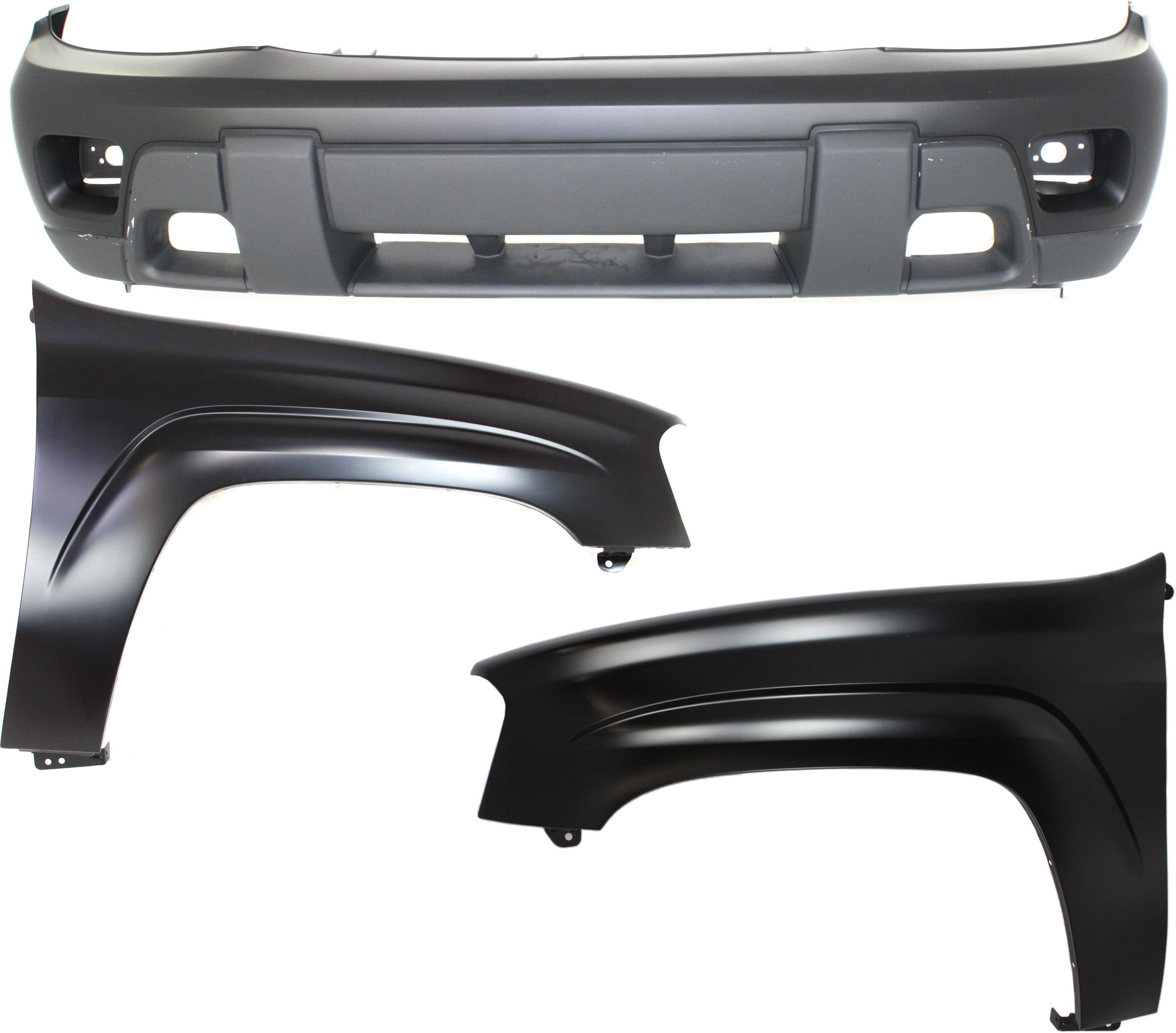 AM TRAILBLAZER 02-07 FRONT BUMPER COVER 3 pc Kit with Fenders CAPA SKU KIT 112617-199 Partslink GM1000639C GM1240289C GM1241289C OEM 12477993-12477994-88937047