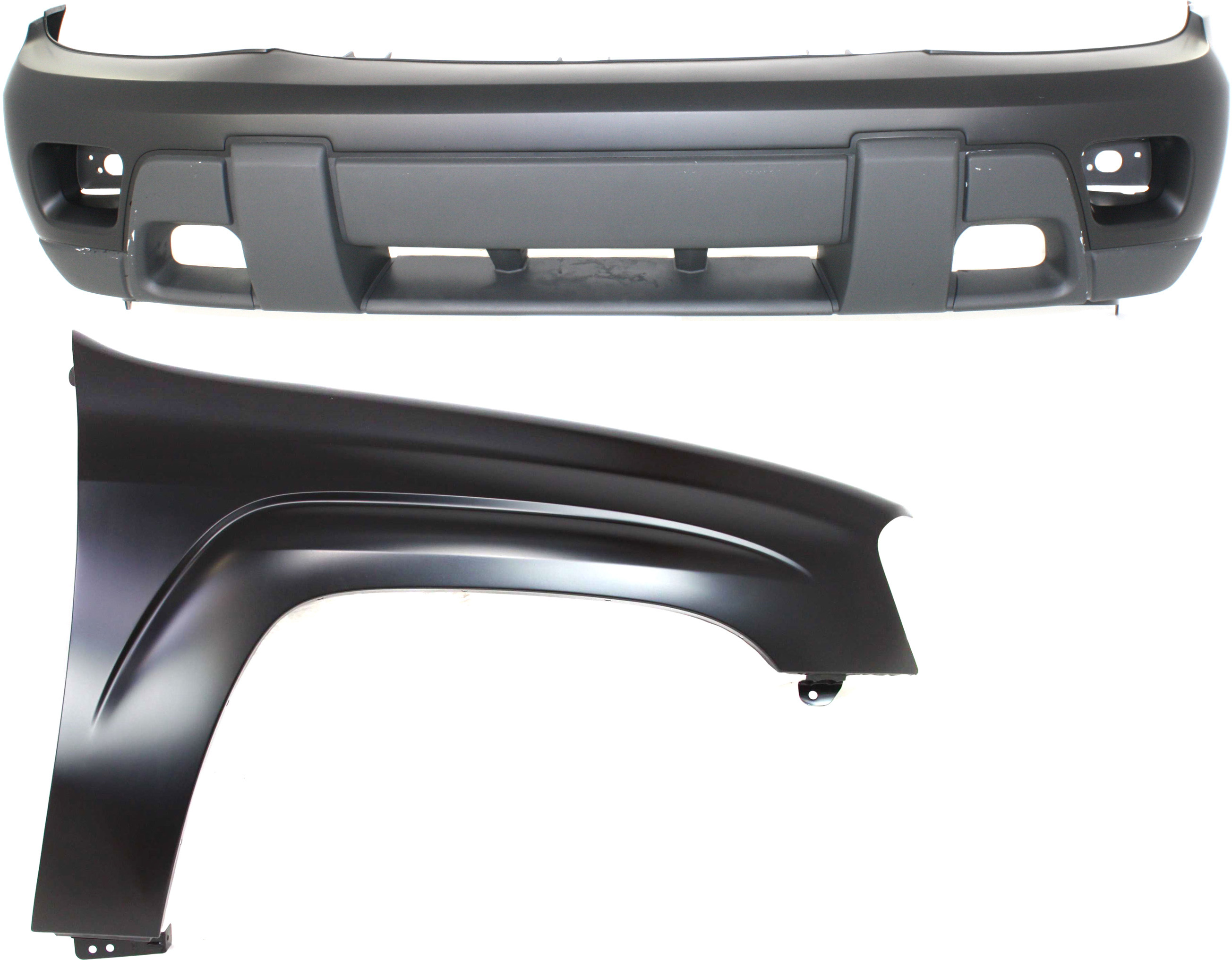 AM TRAILBLAZER 02-07 FRONT BUMPER COVER 2 pc Kit with Fender CAPA SKU KIT 112617-201 Partslink GM1000639C GM1241289C OEM 12477994-88937047
