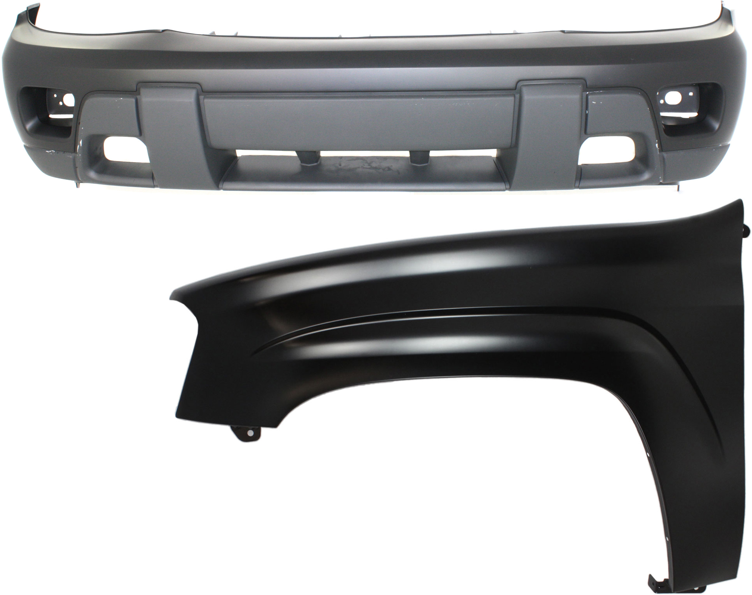 AM TRAILBLAZER 02-07 FRONT BUMPER COVER 2 pc Kit with Fender CAPA SKU KIT 112617-203 Partslink GM1000639C GM1240289C OEM 12477993-88937047