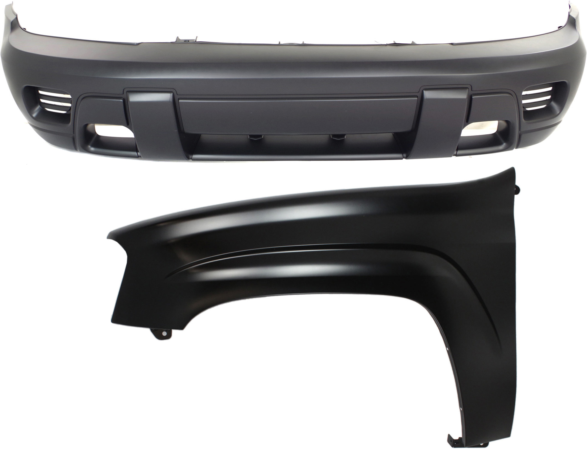 AM TRAILBLAZER 02-09 FRONT BUMPER COVER 2 pc Kit with Fender CAPA SKU KIT 112617-204 Partslink GM1000640C GM1240289C OEM 12477993-88937008
