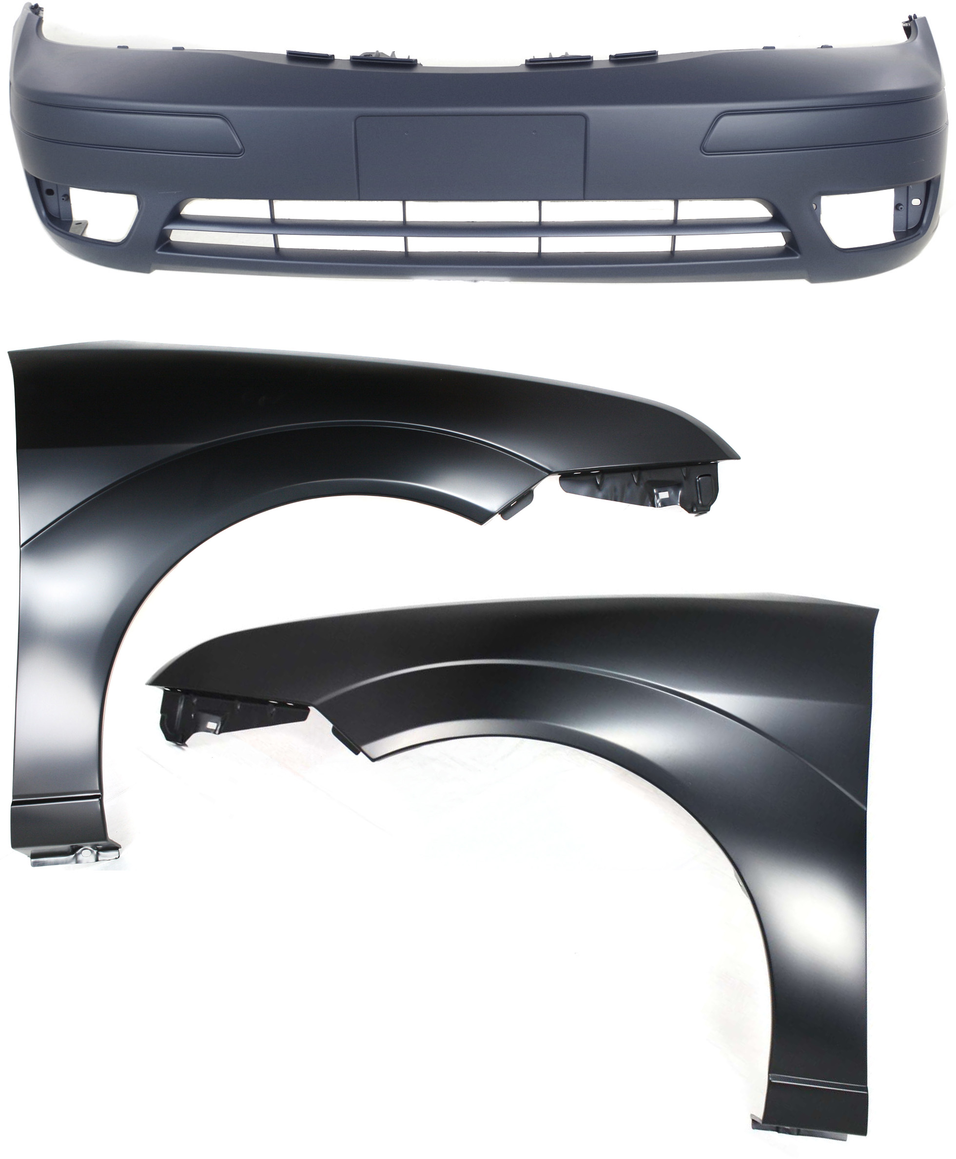 AM FOCUS 05-07 FRONT BUMPER COVER 3 pc Kit with Fenders SKU KIT 112617-403 Partslink FO1000572 FO1240240 FO1241240 OEM 6S4Z17D957DA 5S4Z16006AA 5S4Z1