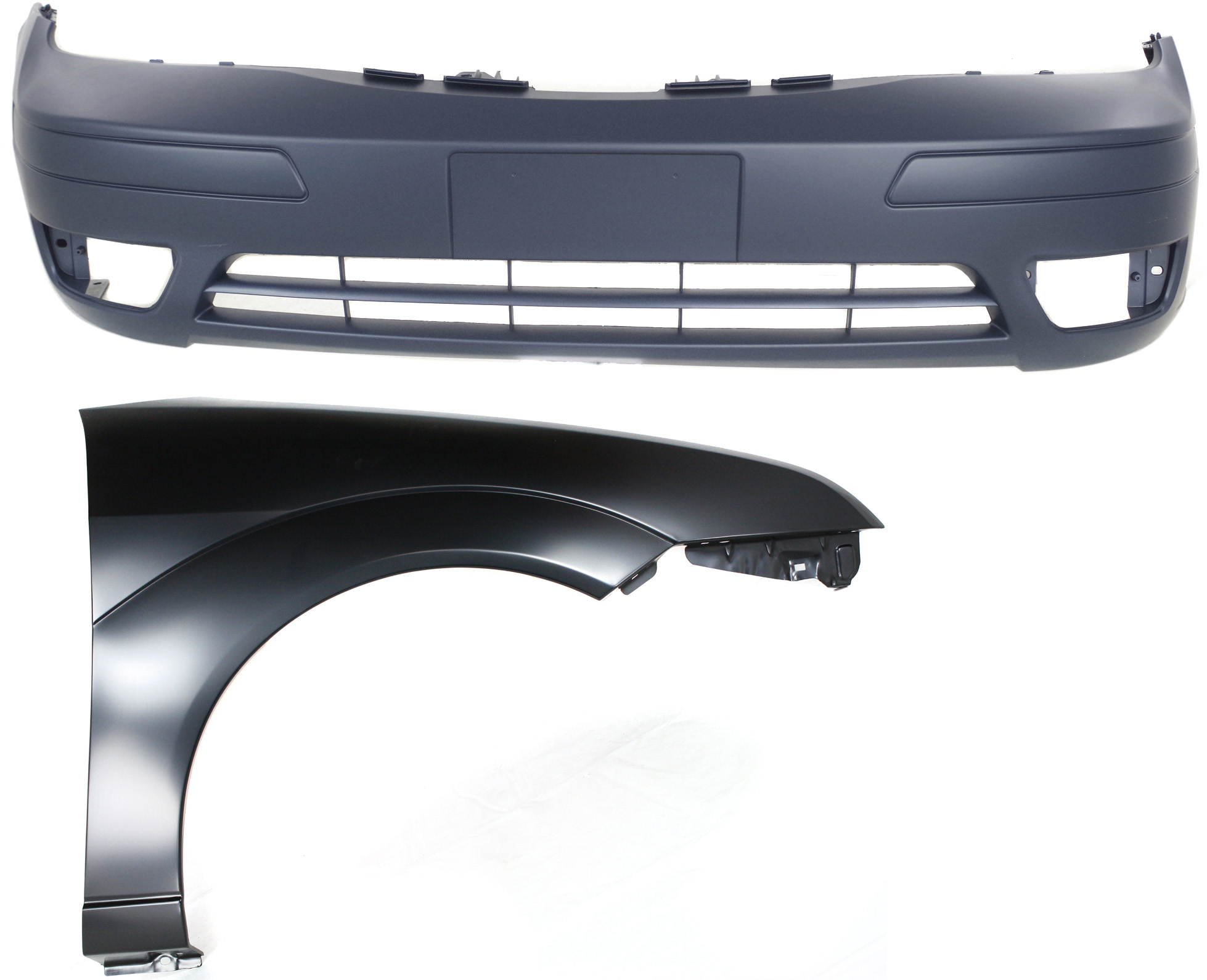 AM FOCUS 05-07 FRONT BUMPER COVER Primed 2 pc Kit with Fender SKU KIT 112617-404 Partslink FO1000572 FO1241240 OEM 6S4Z17D957DA 5S4Z16005AA