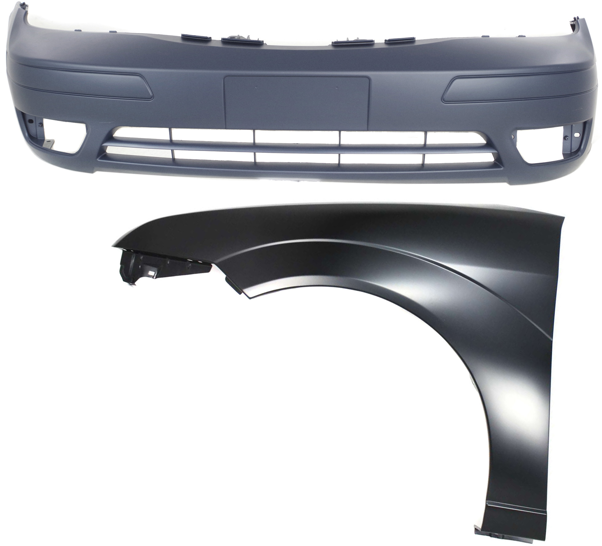 AM FOCUS 05-07 FRONT BUMPER COVER Primed 2 pc Kit with Fender SKU KIT 112617-405 Partslink FO1000572 FO1240240 OEM 6S4Z17D957DA 5S4Z16006AA