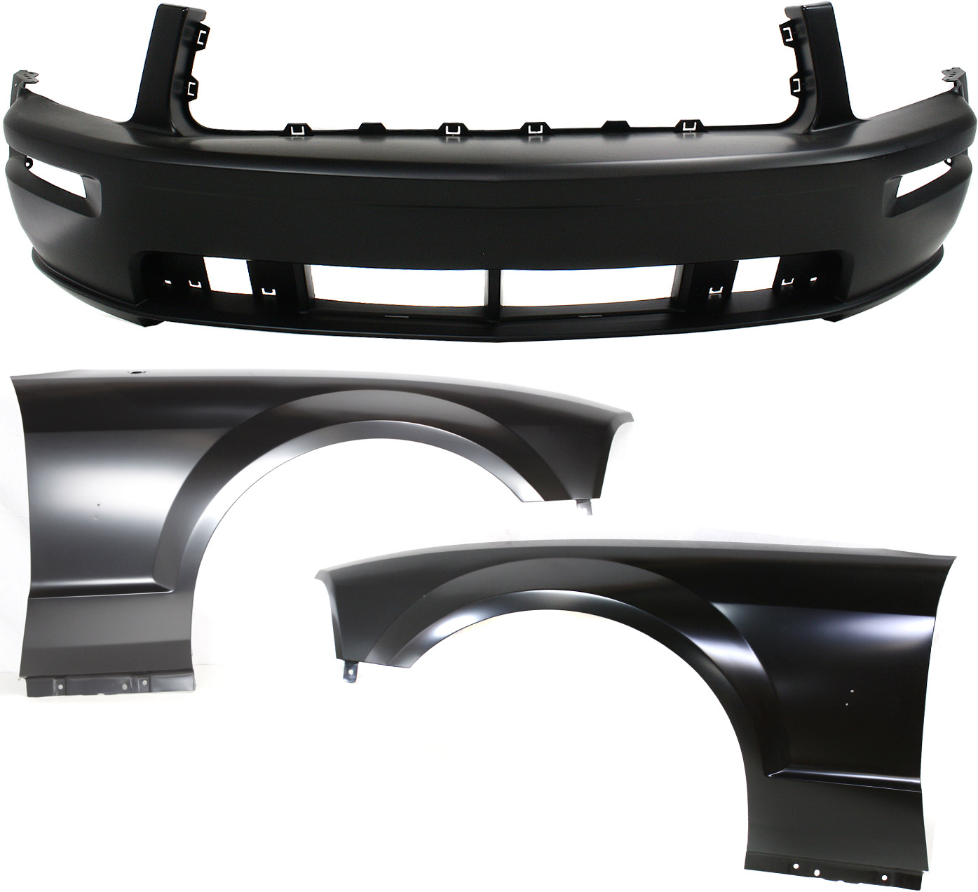 AM MUSTANG 05-09 FRONT BUMPER COVER 3 pc Kit with Fenders SKU KIT 112617-472 Partslink FO1000575 FO1240246 FO1241246 OEM 5R3Z17D957BAA 5R3Z16006BA 5R3Z