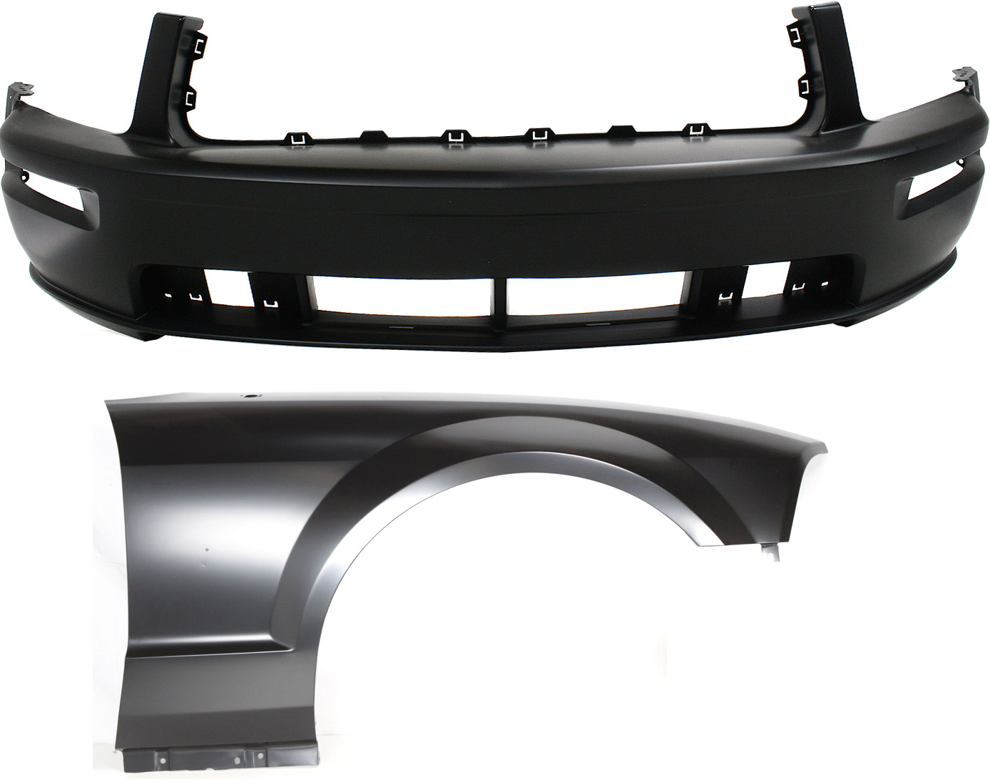 AM MUSTANG 05-09 FRONT BUMPER COVER 2 pc Kit with Fender SKU KIT 112617-474 Partslink FO1000575 FO1241246 OEM 5R3Z17D957BAA 5R3Z16005BA