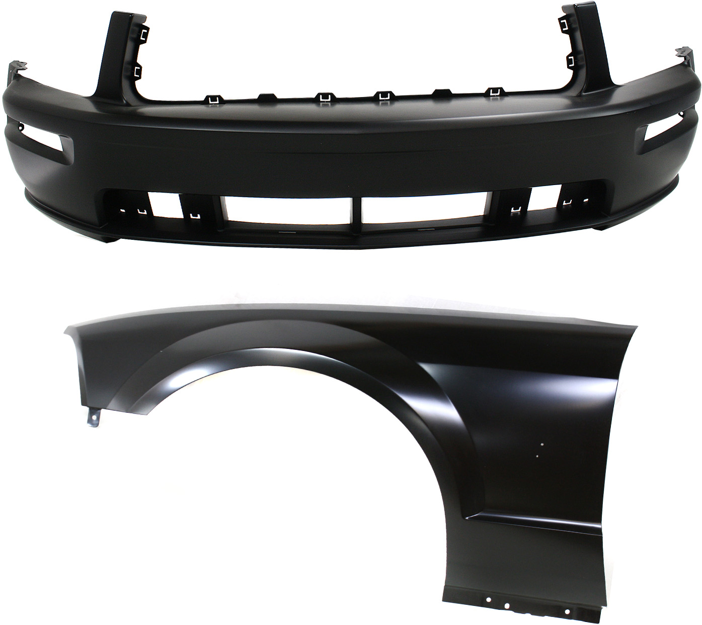 AM MUSTANG 05-09 FRONT BUMPER COVER 2 pc Kit with Fender SKU KIT 112617-476 Partslink FO1000575 FO1240246 OEM 5R3Z17D957BAA 5R3Z16006BA