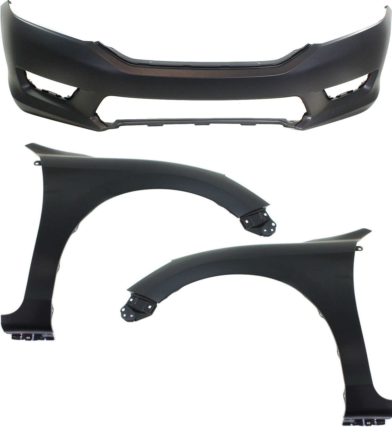 AM ACCORD 13-15 FRONT BUMPER COVER 3 pc Kit with Fender RH and LH SKU KIT 112617-496 Partslink HO1000288 HO1240185 HO1241185 OEM 04711T2AA90ZZ 60261T2FA90ZZ 60