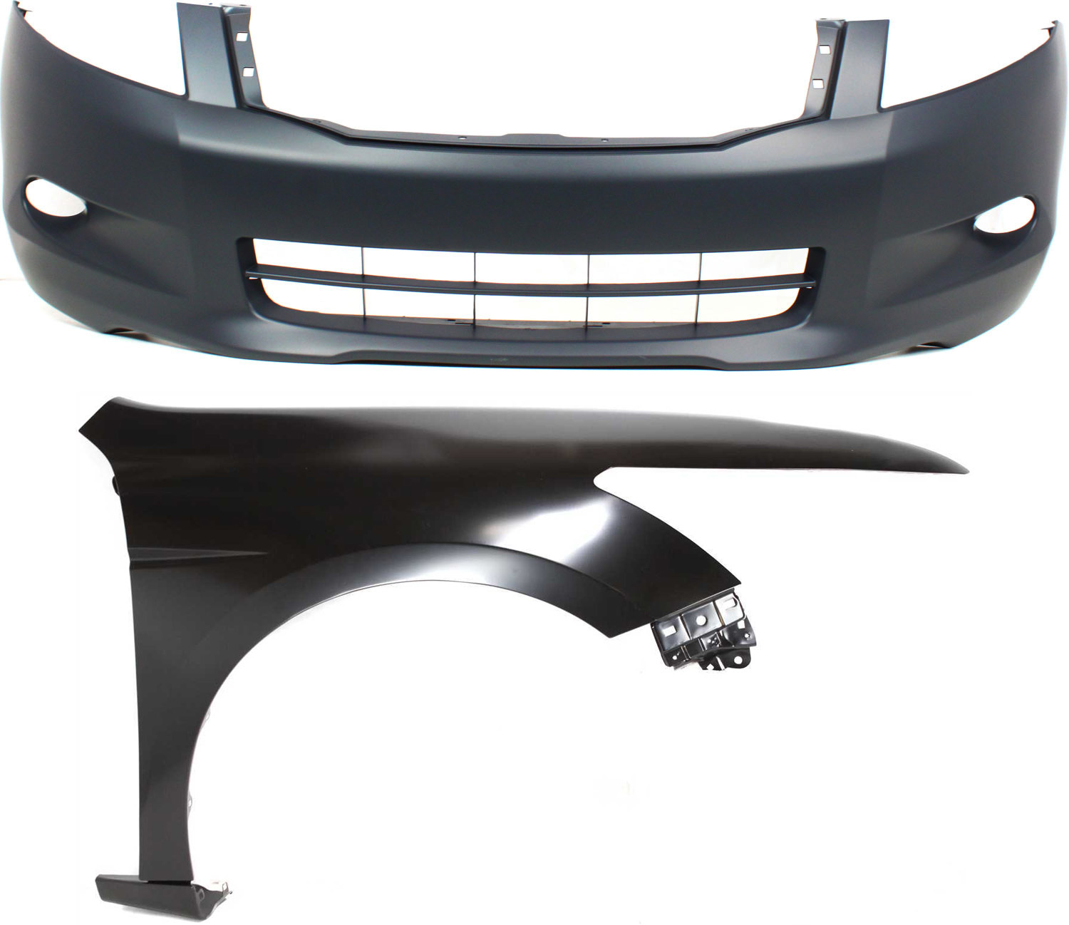 AM ACCORD 08-10 FRONT BUMPER COVER 2 pc Kit Primed Sedan with Fender SKU KIT 112617-517 Partslink HO1000255 HO1241173 OEM 04711TA6A90ZZ 60210TA0A91ZZ