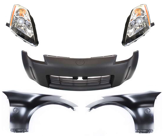 AM 350Z 03-05 FRONT BUMPER COVER 5 pc Kit with Fenders and Headlights SKU KIT 11316-03 Partslink NI1000201 NI1240177 NI1241177 NI2502146 NI2503146 OEM 62022CD040 FCA01CD0MA FCA00CD0